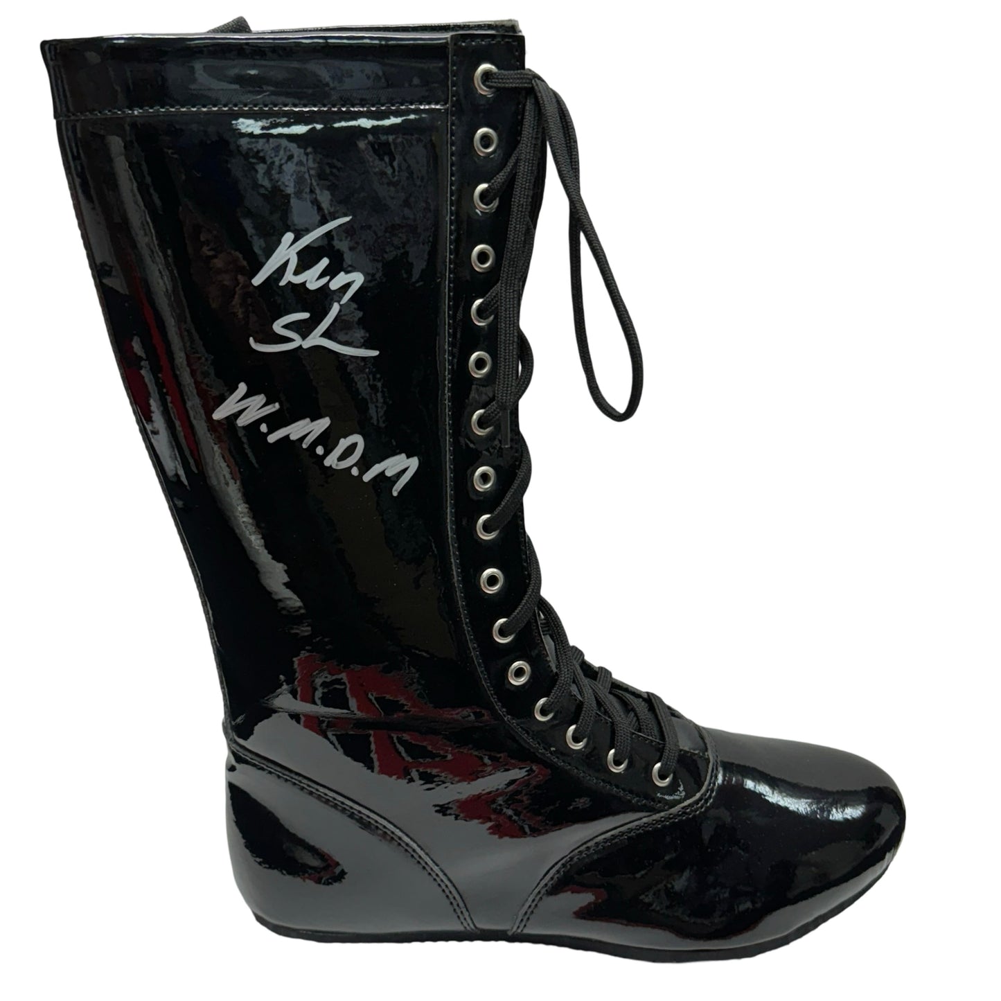 Ken Shamrock Autographed WWE WWF Black Boot "W.M.D.M." Inscription Beckett