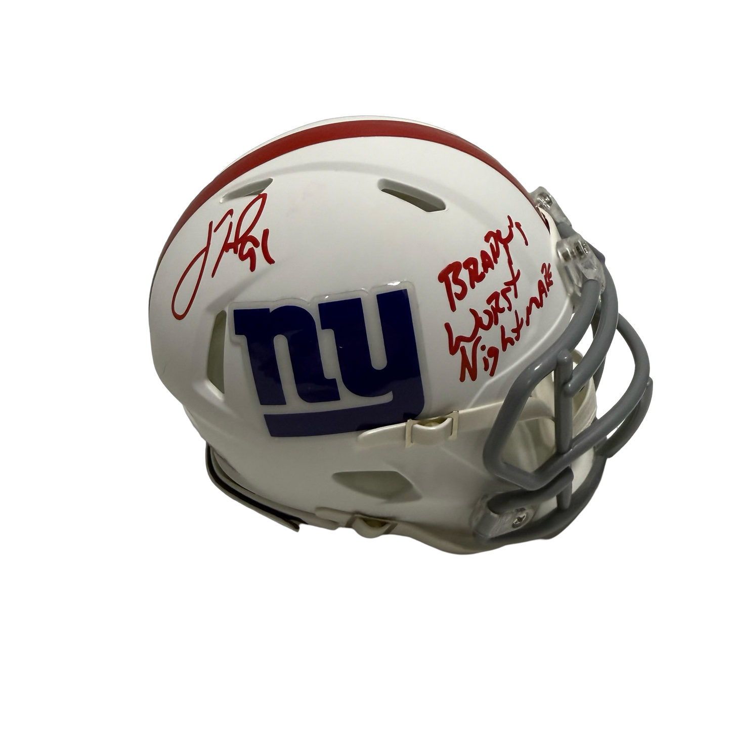 Justin Tuck Autographed New York Giants "Brady's Worst Nightmare" Inscribed Flat White Speed MIni Helmet JSA