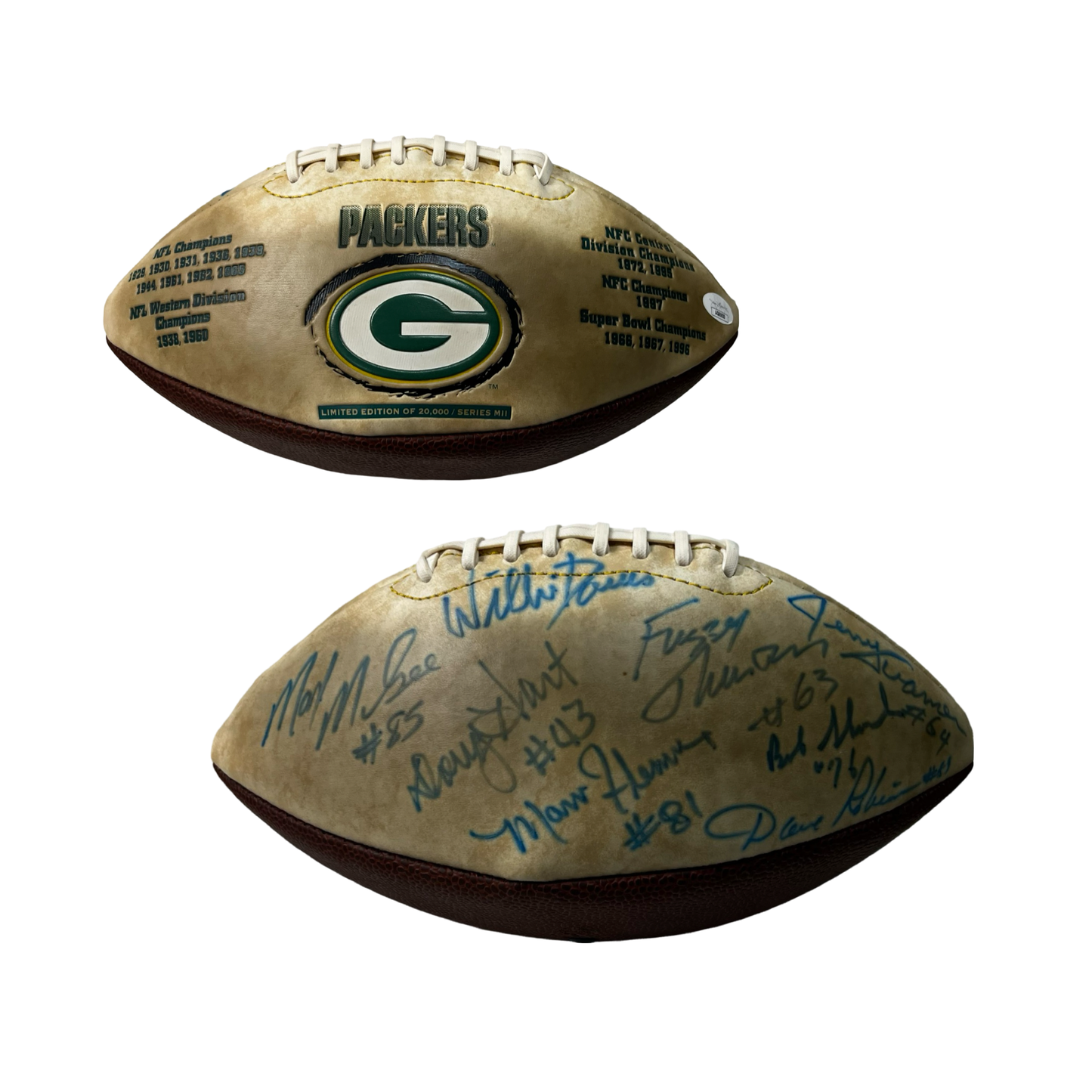 Max McGee, Willie Davis, Doug Hart, Marv Fleming, Fuzzy Thirston, Jerry Kramer, Dave Robinson & Bob Skoronski Autographed Green Bay Packers 1965 Team Signed Football 8 Total Signatures JSA