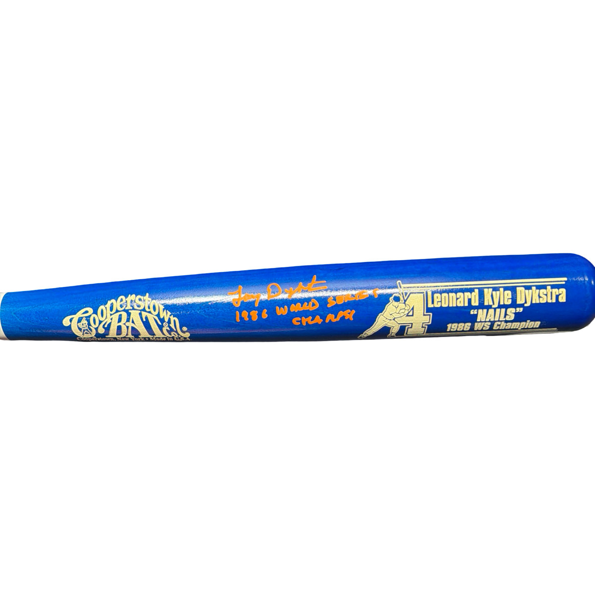 Lenny Dykstra Autographed New York Mets Blue Barrel Cooperstown Bat 86 WS Champs Inscription Orange Ink Steiner CX