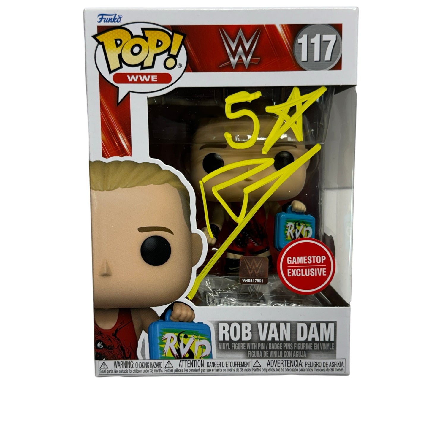 Rob Van Dam Autographed WWE ECW Funko Pop Yellow Ink "5 Star" Inscription Beckett
