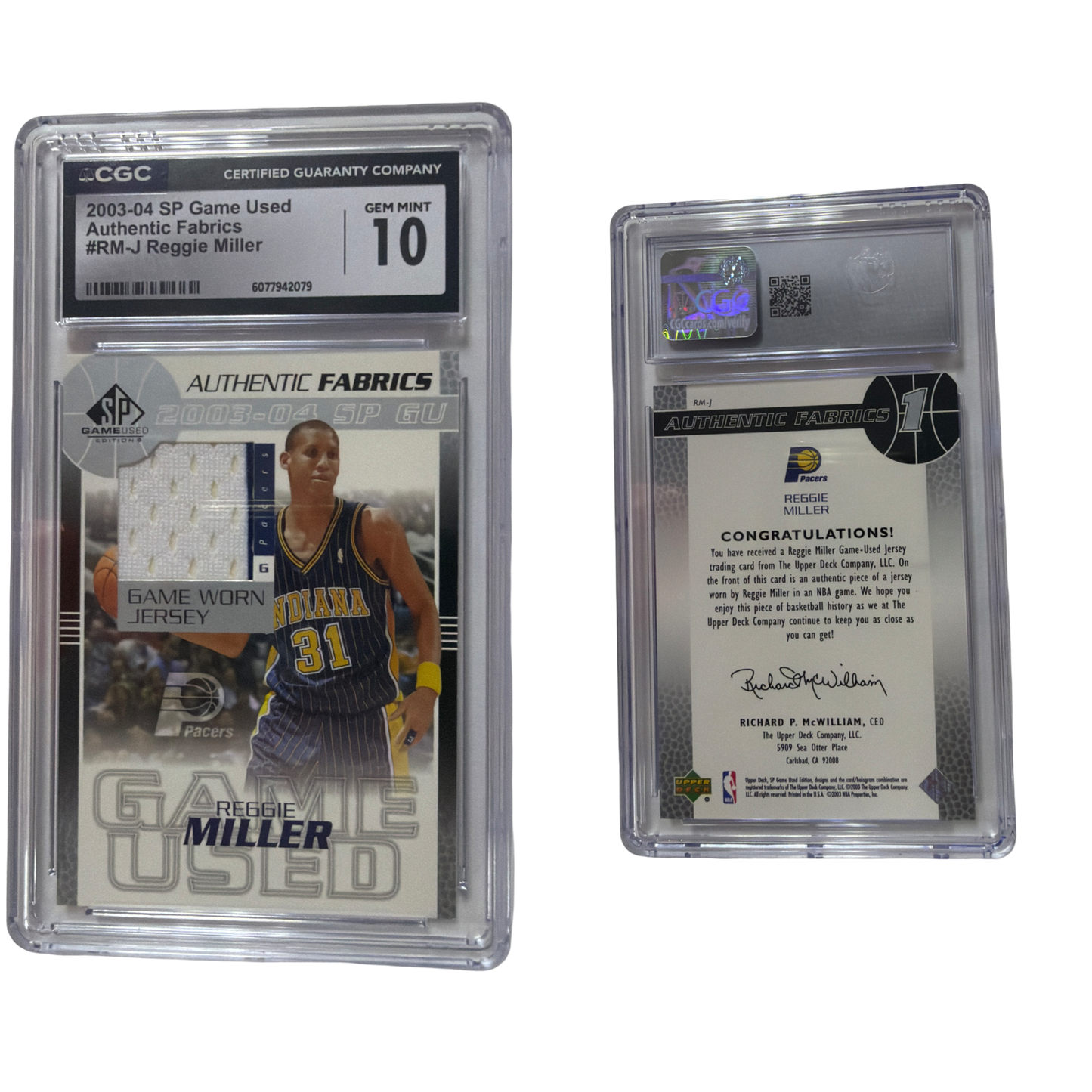2003-2004 SP Authentic fabrics Reggie Miller CGC 10! Game Worn