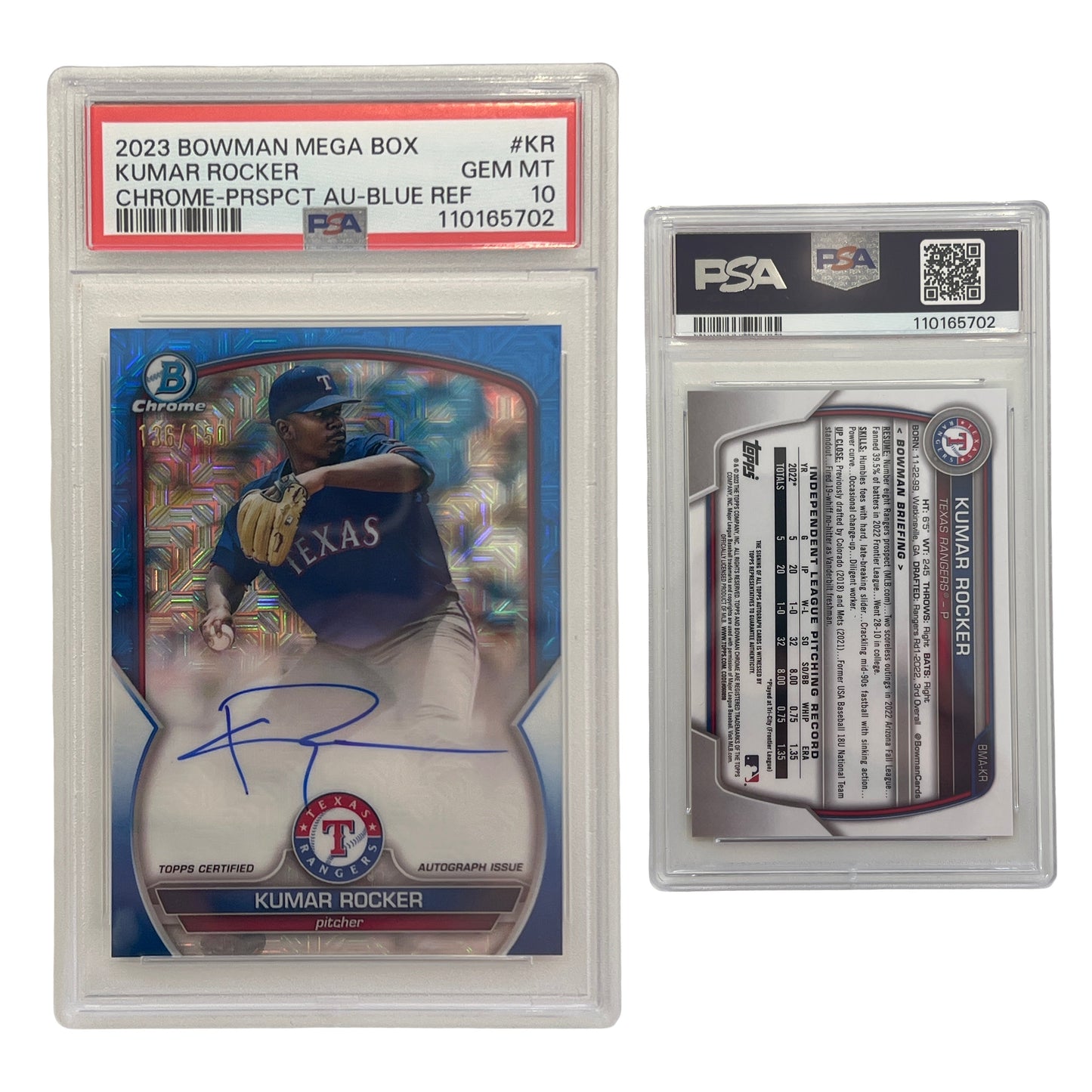 2023 Kumar Rocker Bowman Mega Box Chrome Prospect Auto Blue Refractor /150 #KR PSA GEM MT 10