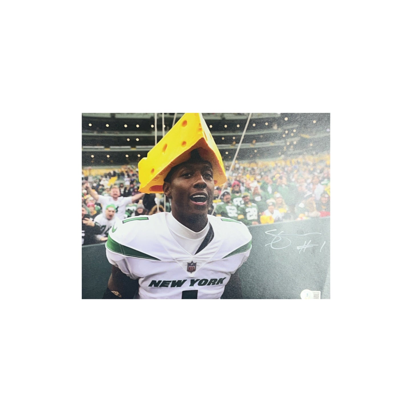 Sauce Gardner Autographed New York Jets Cheese Head 11x14 Beckett