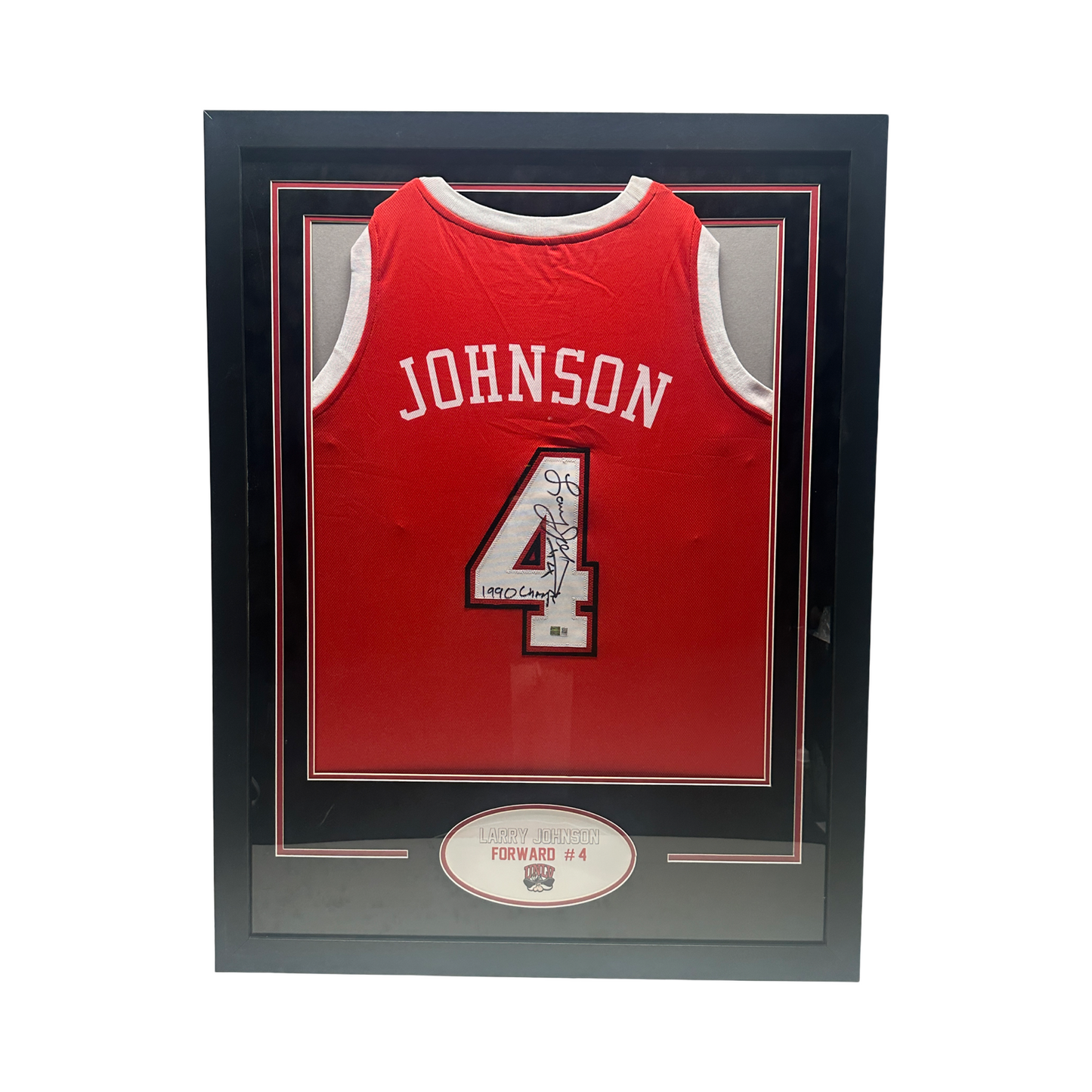Larry Johnson Autographed UNLV "1990 Champs" Inscribed Red Jersey Steiner CX - Framed