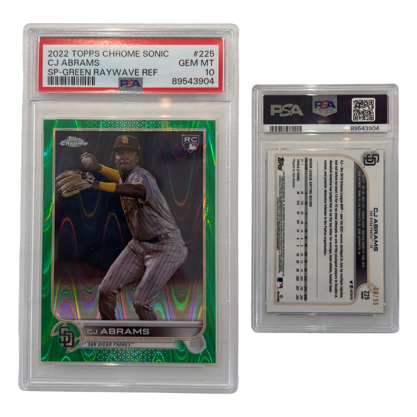 2022 CJ Abrams Topps Chrome Sonic SP Green Raywave Refractor /99 #225 PSA GEM MT 10