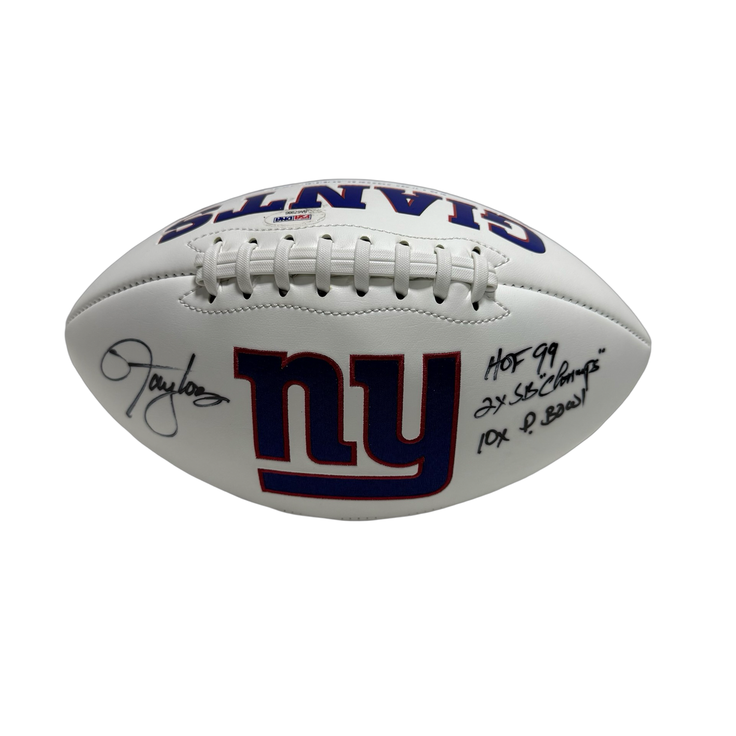 Lawrence Taylor Autographed New York Giants "HOF 99, 2x SB Champs. 10x P. Bowl" White Panel Football PSA