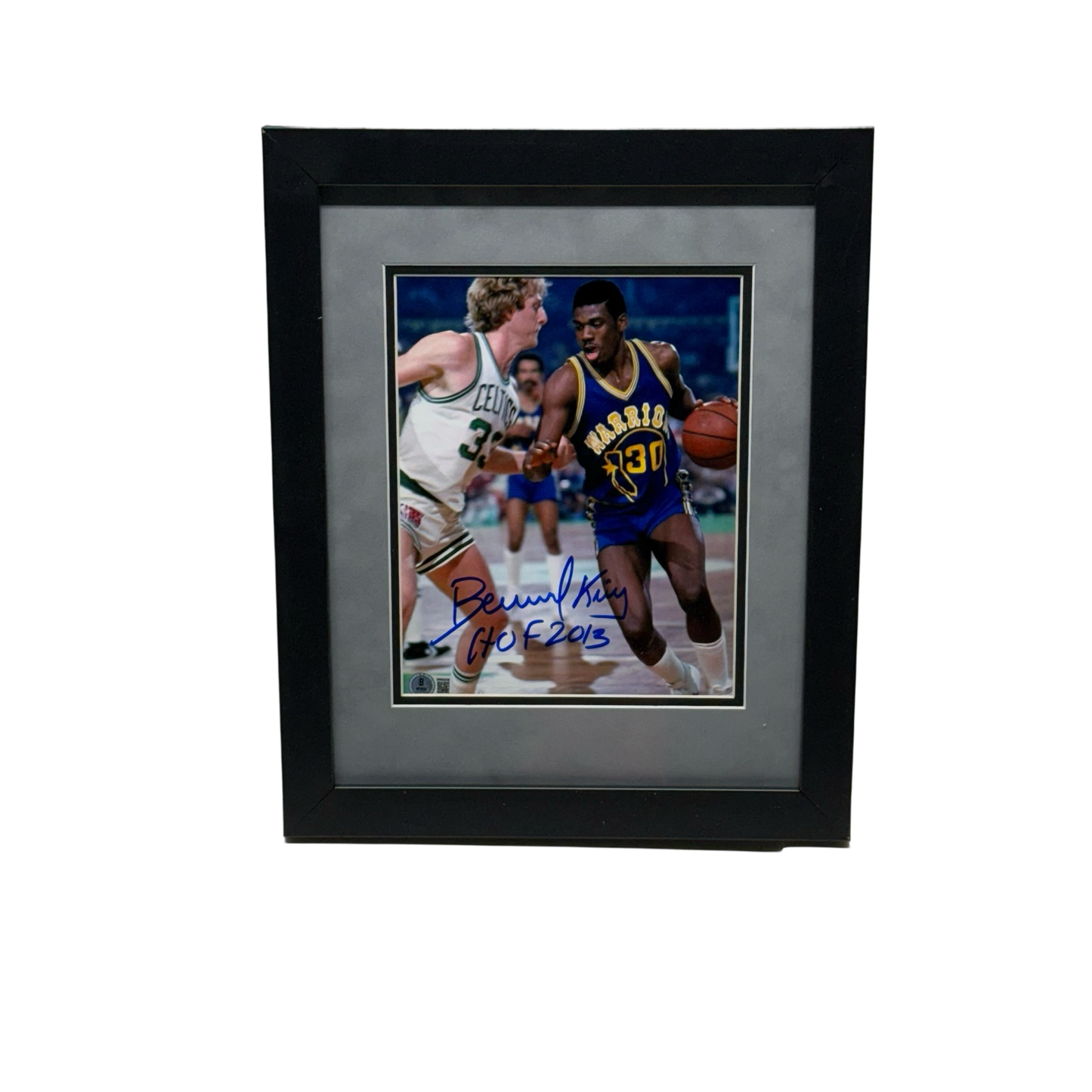 Bernard King Autographed Warriors Dribbling Against Larry Bird 8x10 Beckett - Framed