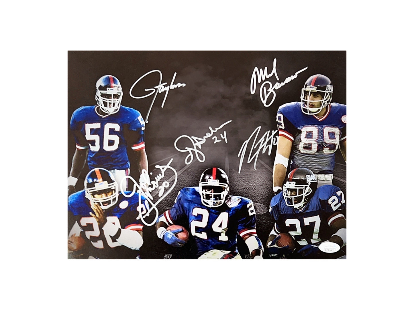 Lawrence Taylor, Mark Bavaro, Joe Morris, Rodney Hampton & OJ Anderson Autographed. New York Giants Blackout 11x14 JSA