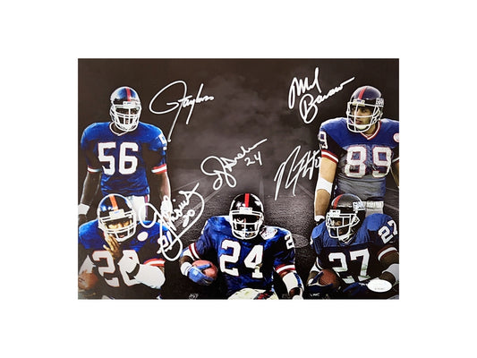Lawrence Taylor, Mark Bavaro, Joe Morris, Rodney Hampton & OJ Anderson Autographed. New York Giants Blackout 11x14 JSA