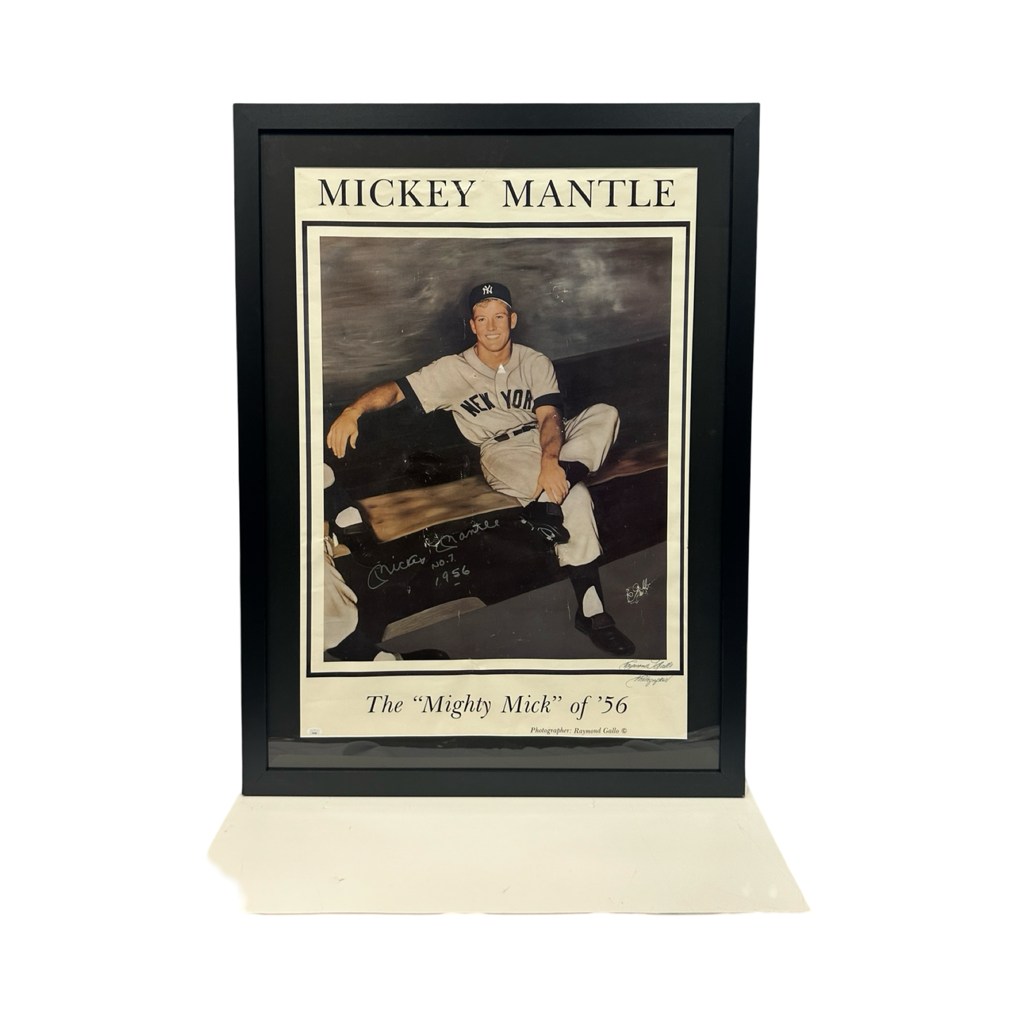 Mickey Mantle Autographed New York Yankees Framed 24x34 Poster "No.7 & 1956" Inscriptions JSA Gallo Art