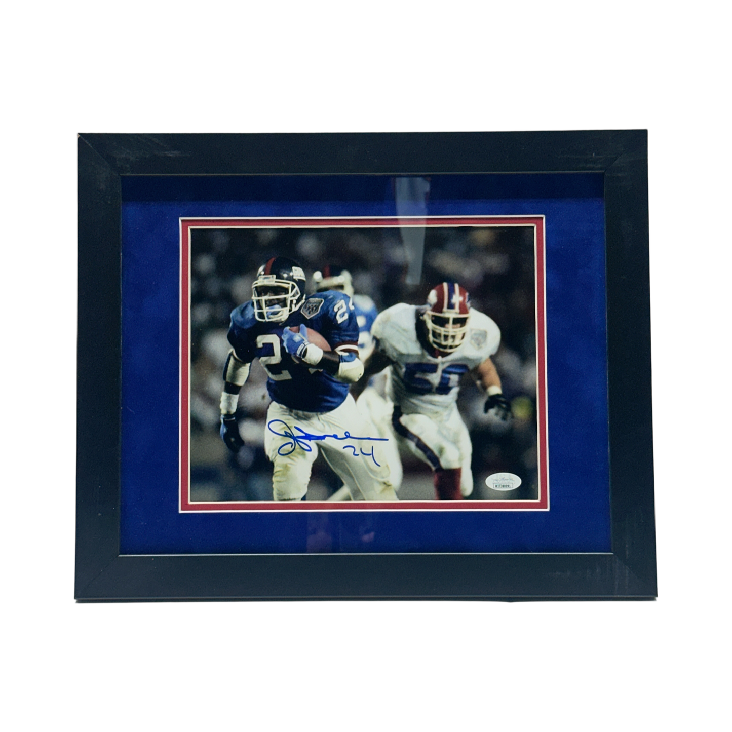 Joe Morris Autographed New York Giants Horizontal Running w/ Player on Right Framed 8x10 JSA