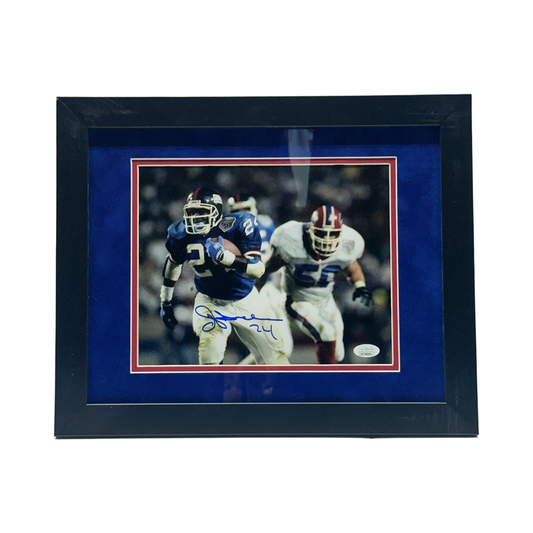 Joe Morris Autographed New York Giants Horizontal Running w/ Player on Right Framed 8x10 JSA