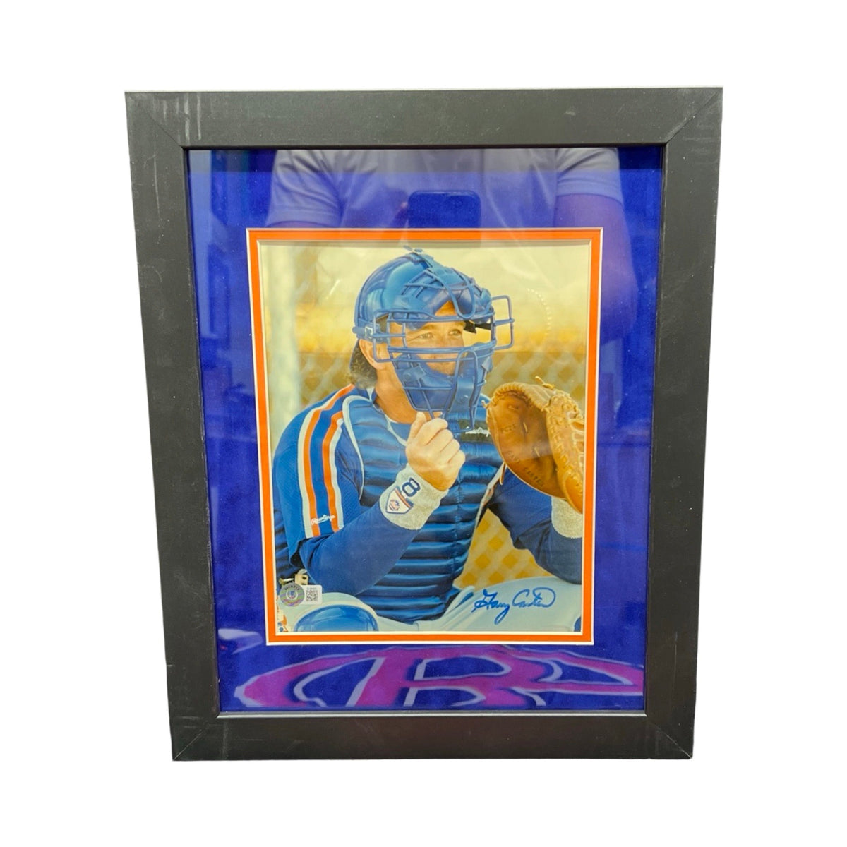Gary Carter Autographed New York Mets Catching 8x10 Beckett - Framed