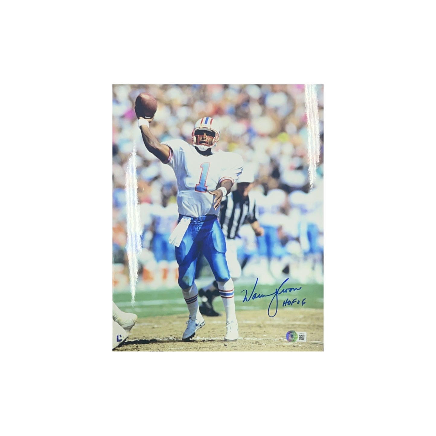 Warren Moon Autographed Houston Oilers White Jersey 11x14 "HOF 06" Inscription Beckett