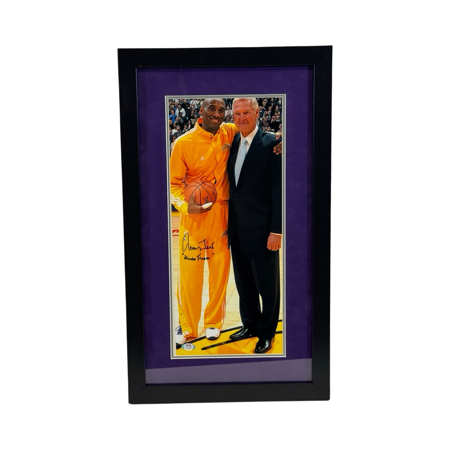 Jerry West Autographed Los Angeles Lakers w/ Kobe Framed 8x18 Mamba Forever Inscription PSA