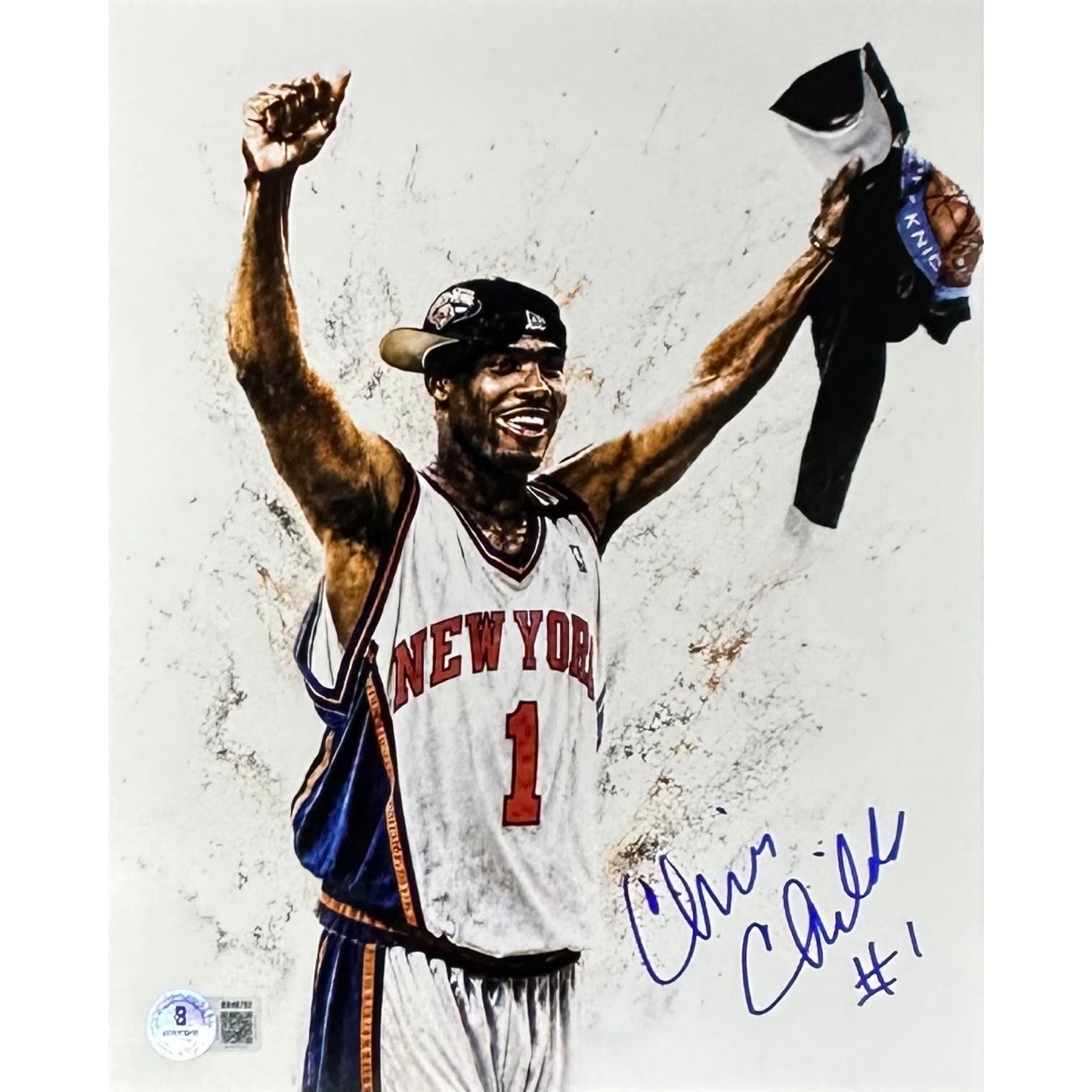 Chris Childs Arms Up White Background 8x10 Beckett BAS