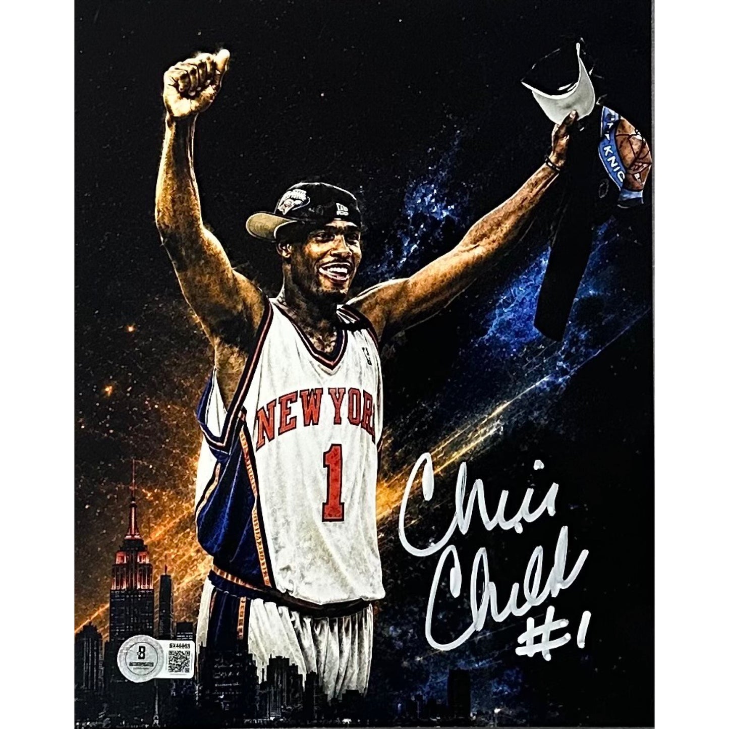 Chris Childs Arms Up Blue & Orange Background 8x10 Beckett BAS