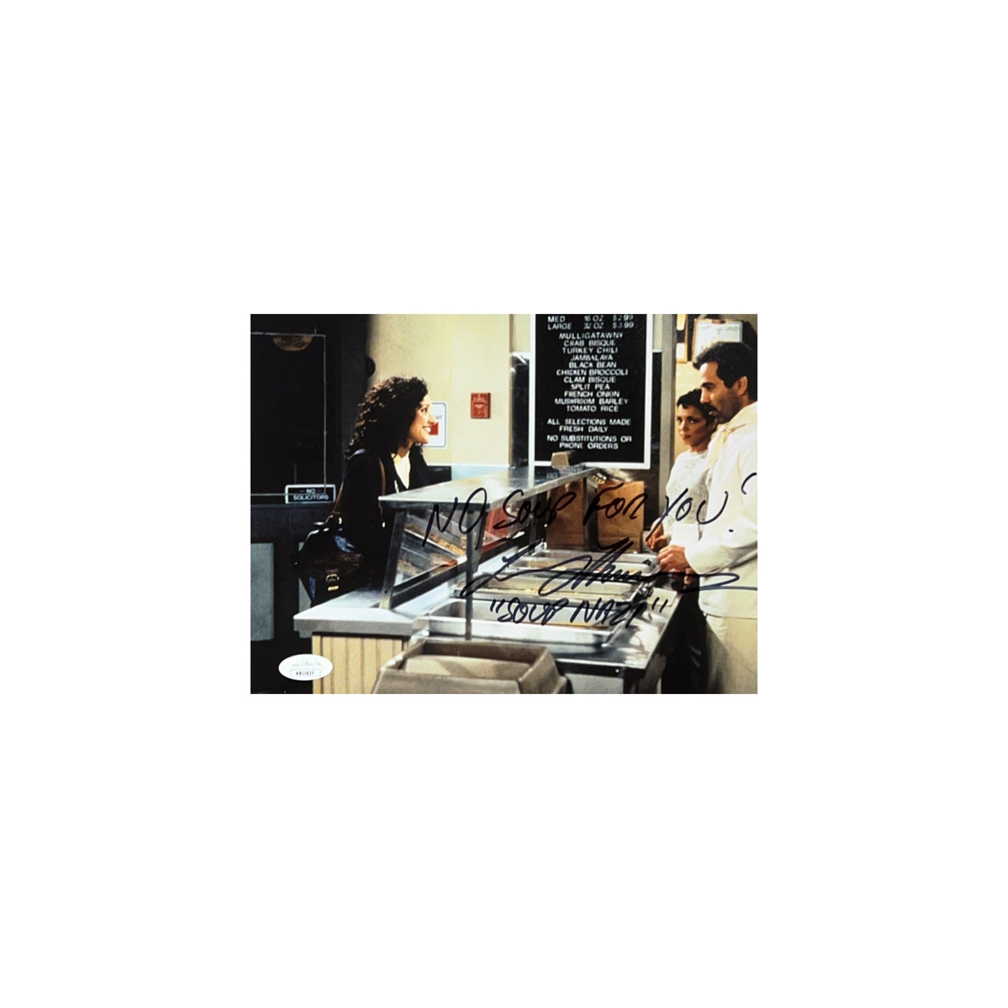 Larry Thomas Autographed Seinfeld Soup Nazi W/ Elaine 8x10 "No Soup For You! & Soup Nazi" Inscription JSA