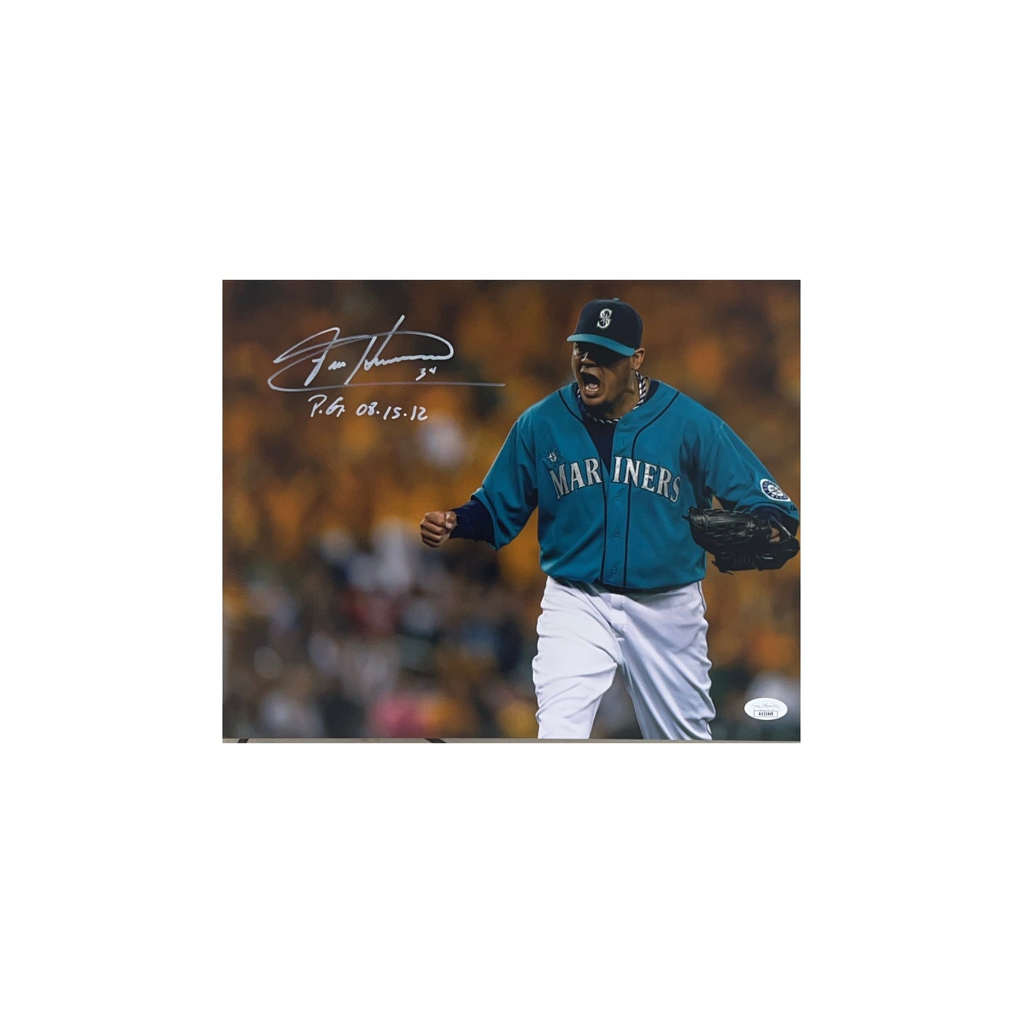 Felix Hernandez Autographed Seattle Mariners Horizontal Teal Jersey 11x14 "P.G. 08.15.12" JSA