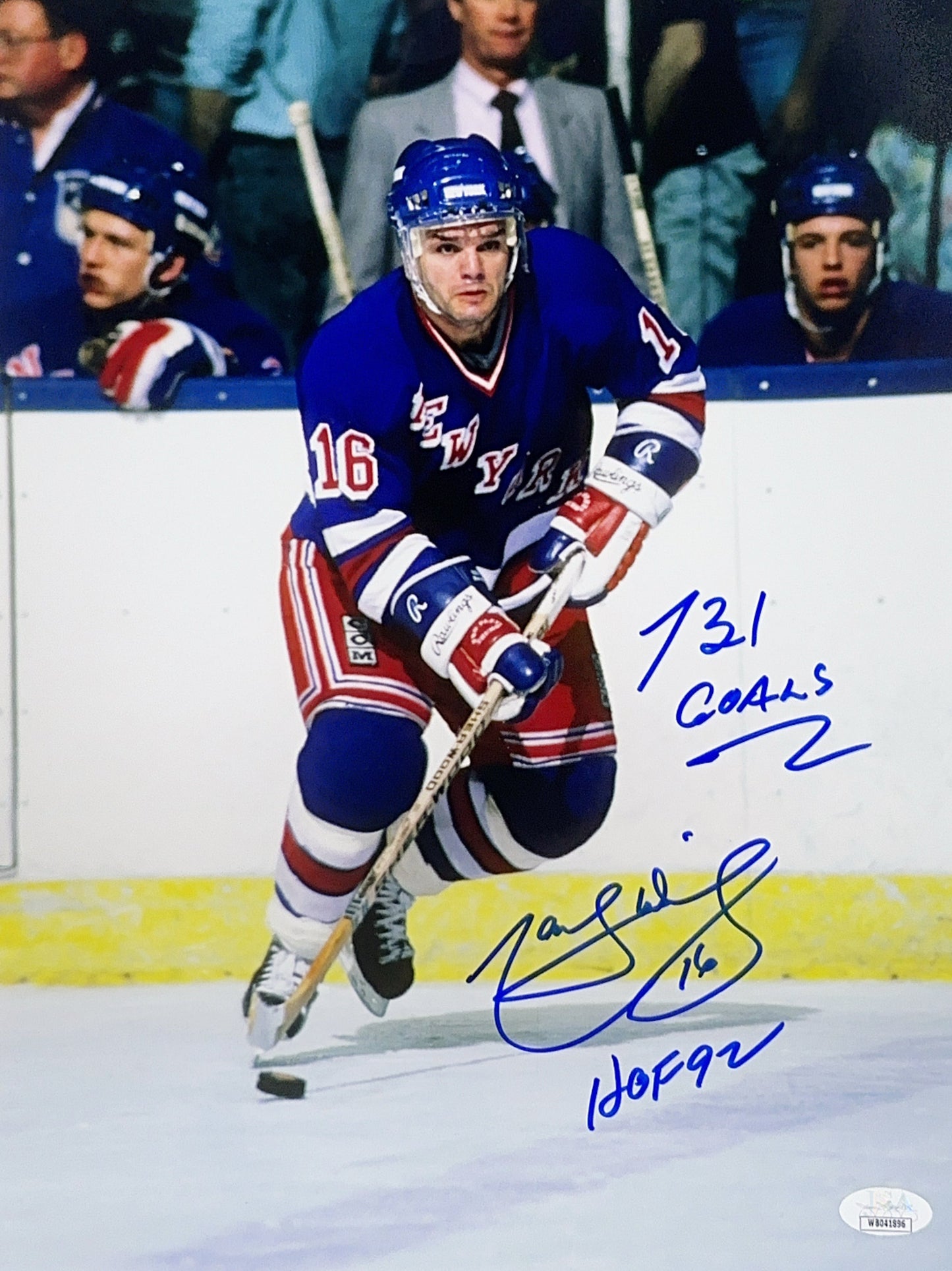 Marcel Dionne Autographed New York Rangers "731 Goals, HOF 92" Inscribed 11x14 Photo JSA COA