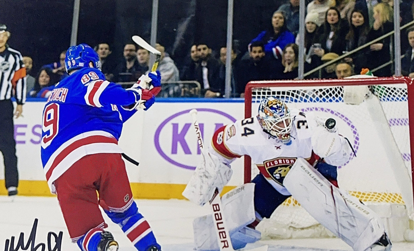 Pavel Buchnevich Autographed New York Rangers Slapshot vs Goalie 11x14 JSA
