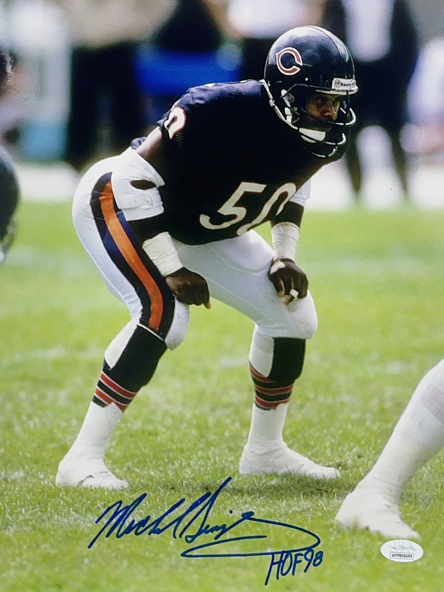 Mike SIngletary Autographed Chicago Bears “HOF 98” Inscribed Hands On Knees 11x14 JSA
