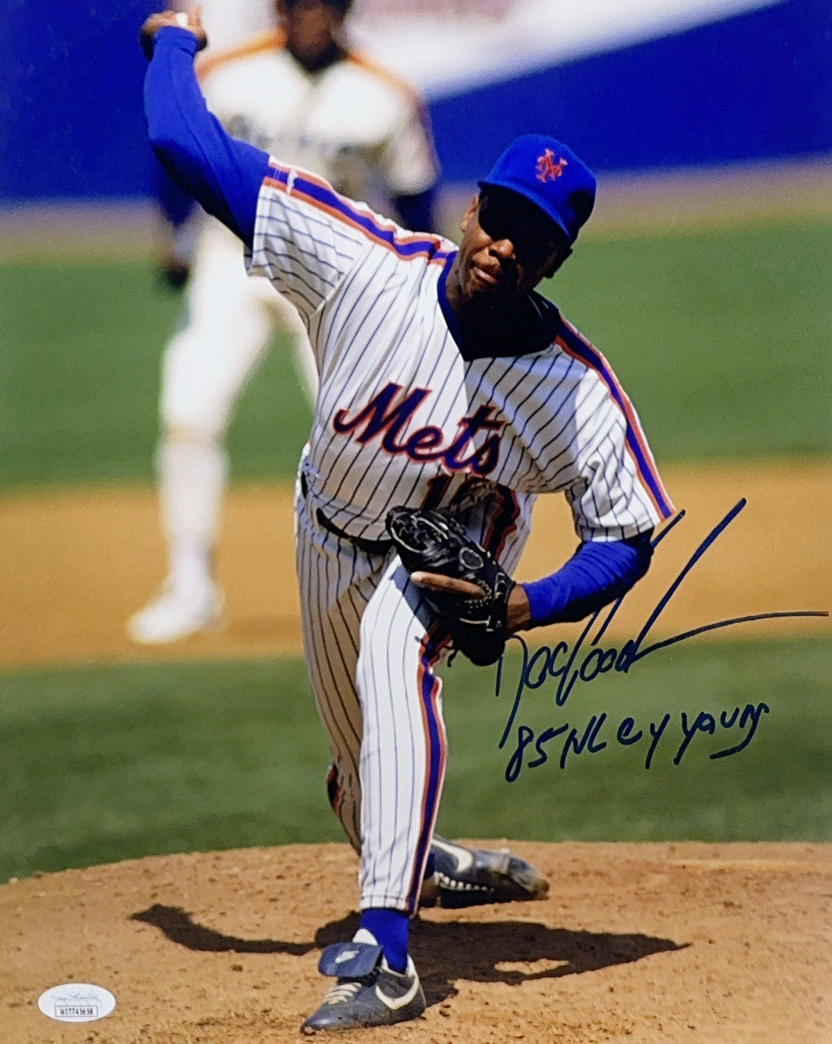 Doc Gooden Autographed New York Mets Vertical Pitching 11x14 "85 NL CY YOUNG" Inscription JSA