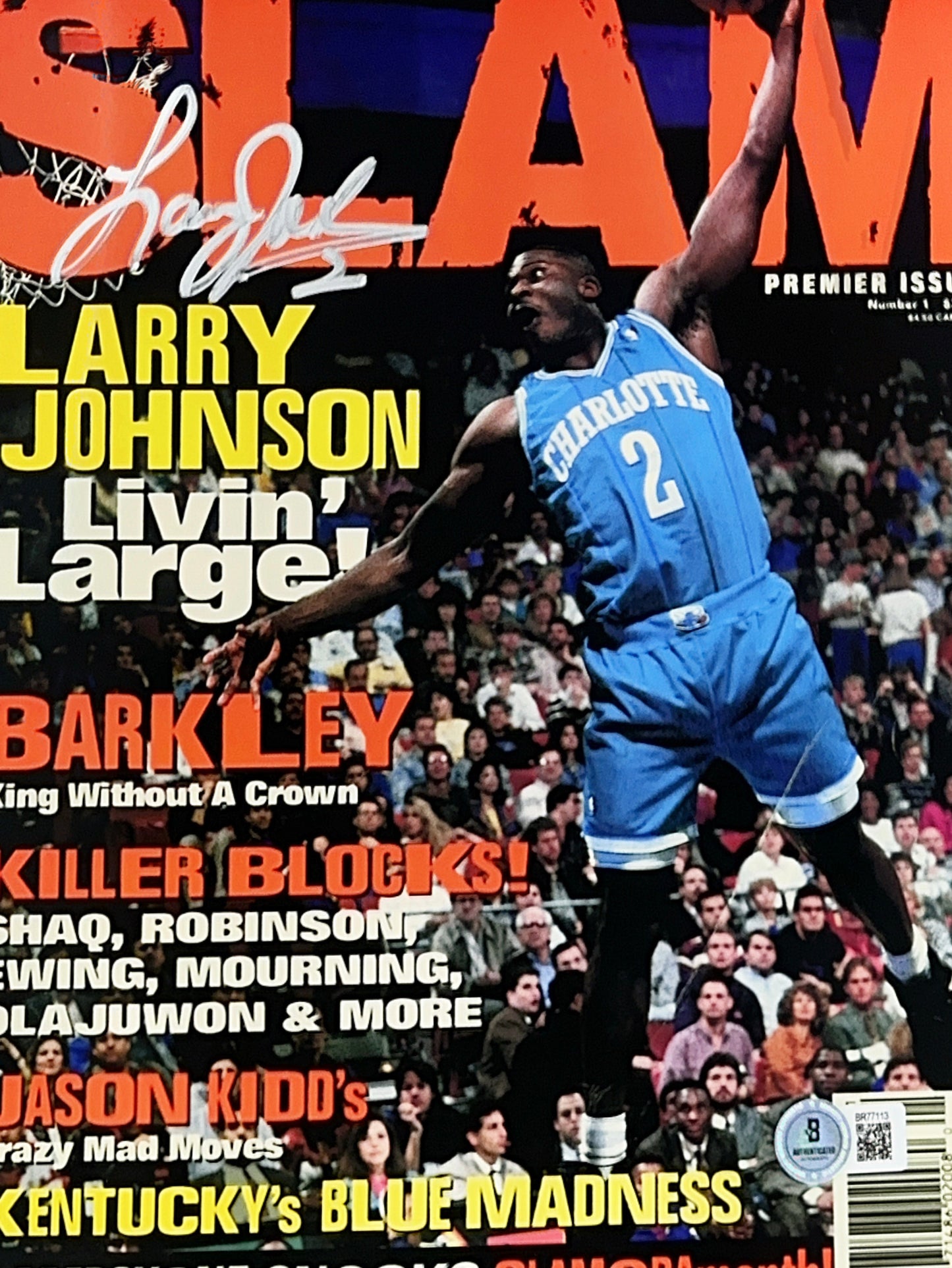 Larry Johnson Autographed Charlotte Hornets Slam Magazine Vertical 8x10 Beckett