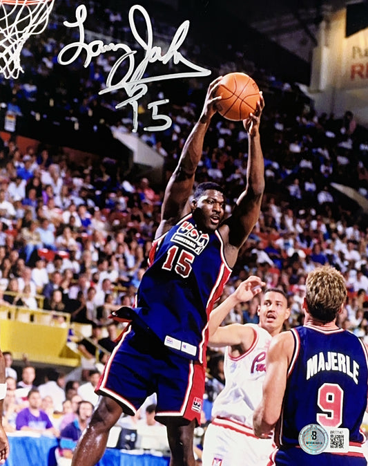 Larry Johnson Autographed Team USA Grabbing Rebound 8x10 Beckett