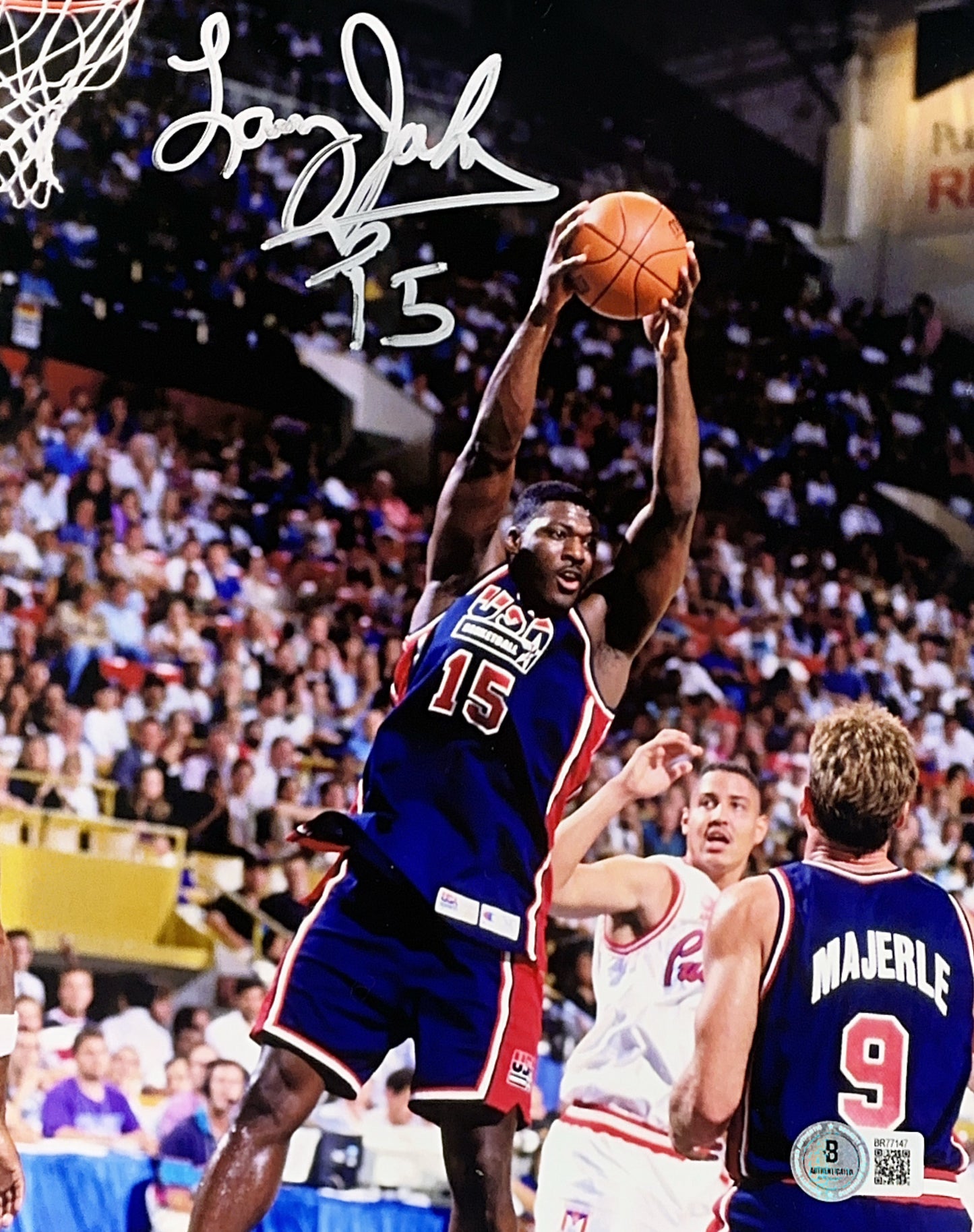 Larry Johnson Autographed Team USA Grabbing Rebound 8x10 Beckett
