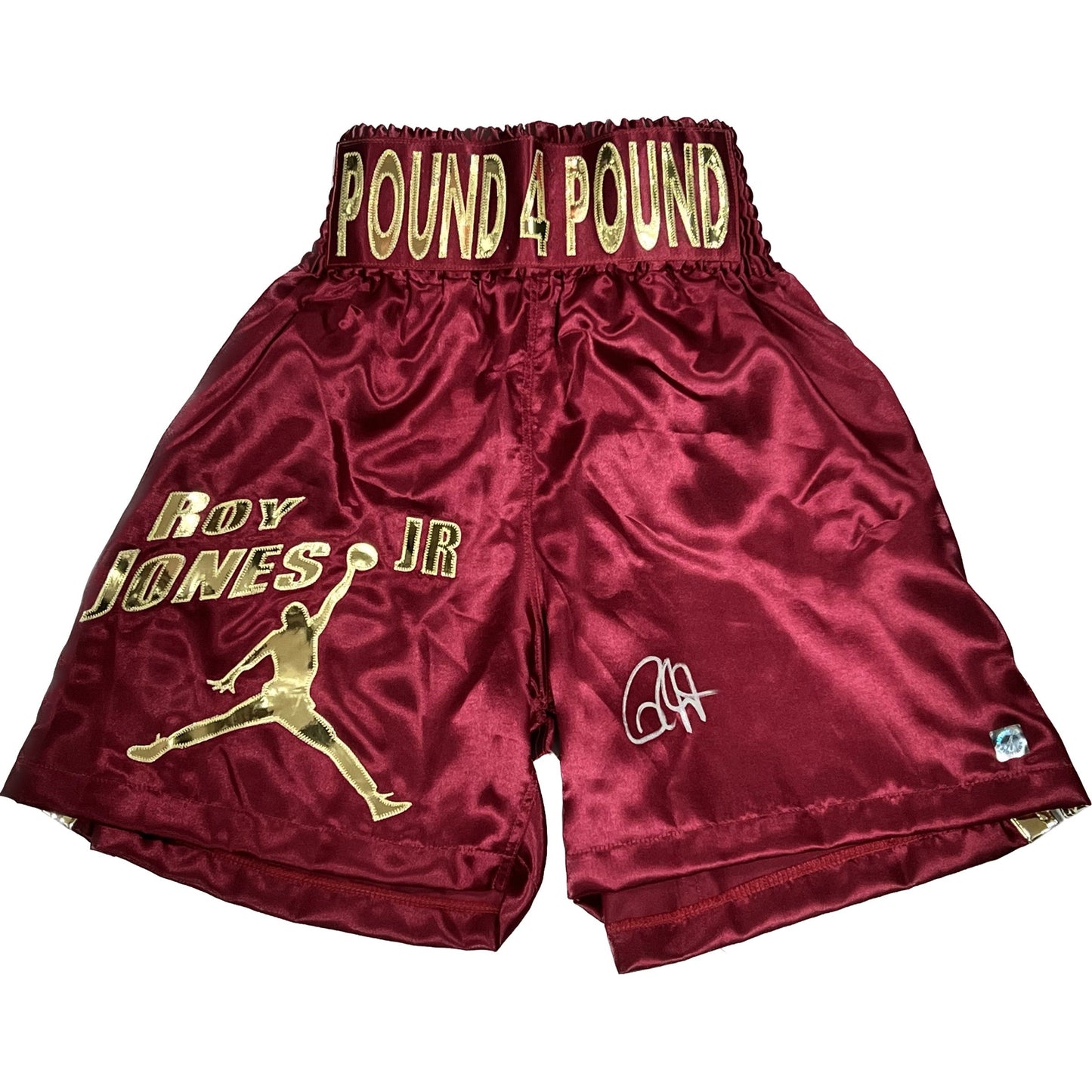 Roy Jones Jr Autographed Burgundy Pound 4 Pound Boxing Trunks ASI Proof