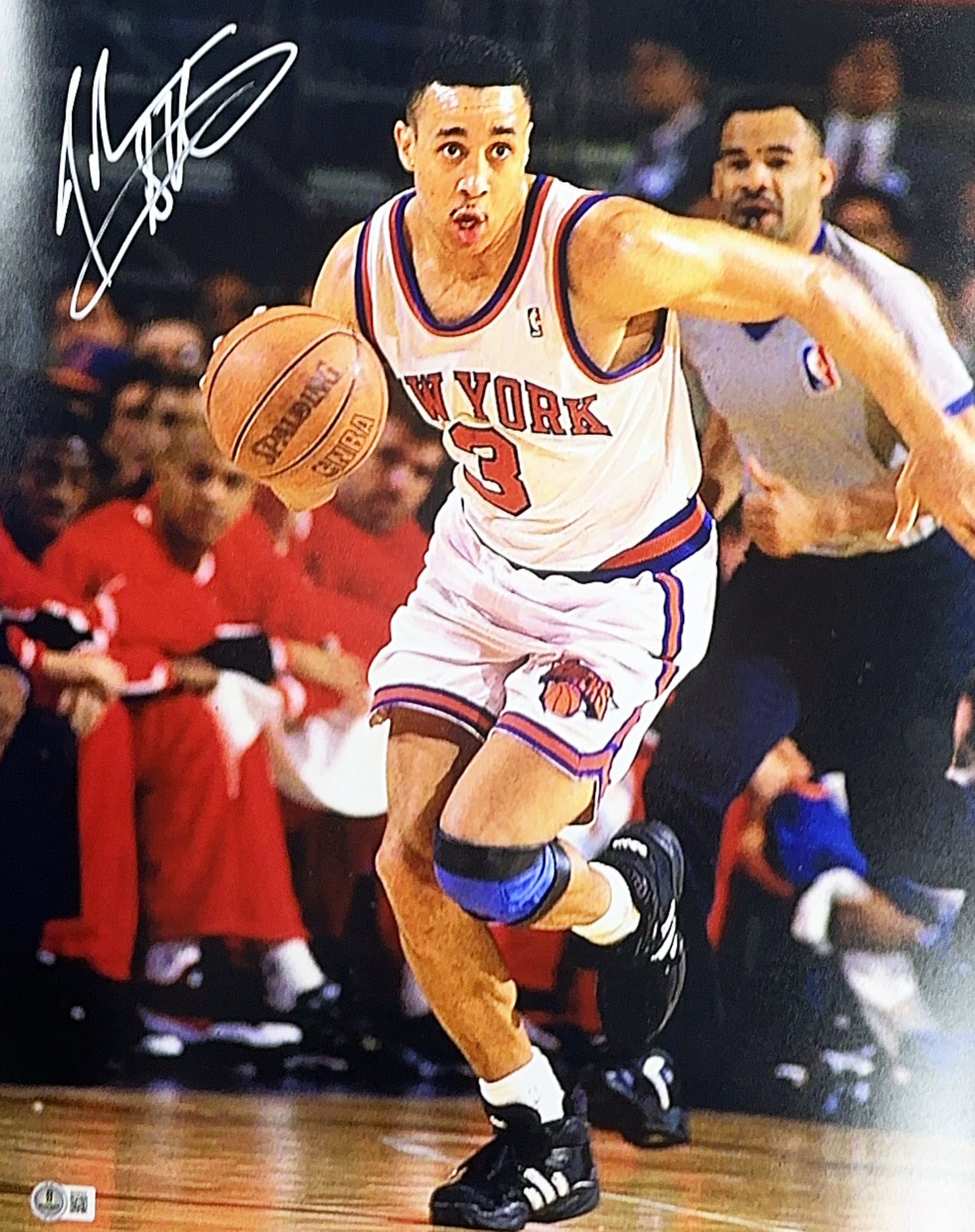 John Starks Autographed New York Knicks Running Dribble 16x20 Beckett BAS