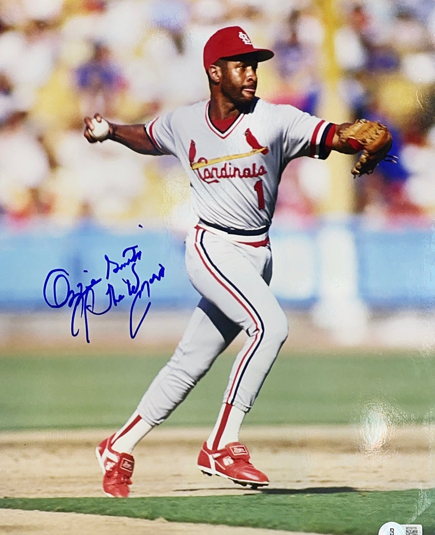 Ozzie Smith Autographed St. Louis Cardinals "The Wizard" Inscribed Throw 11x14 Photo Signed Beckett BAS