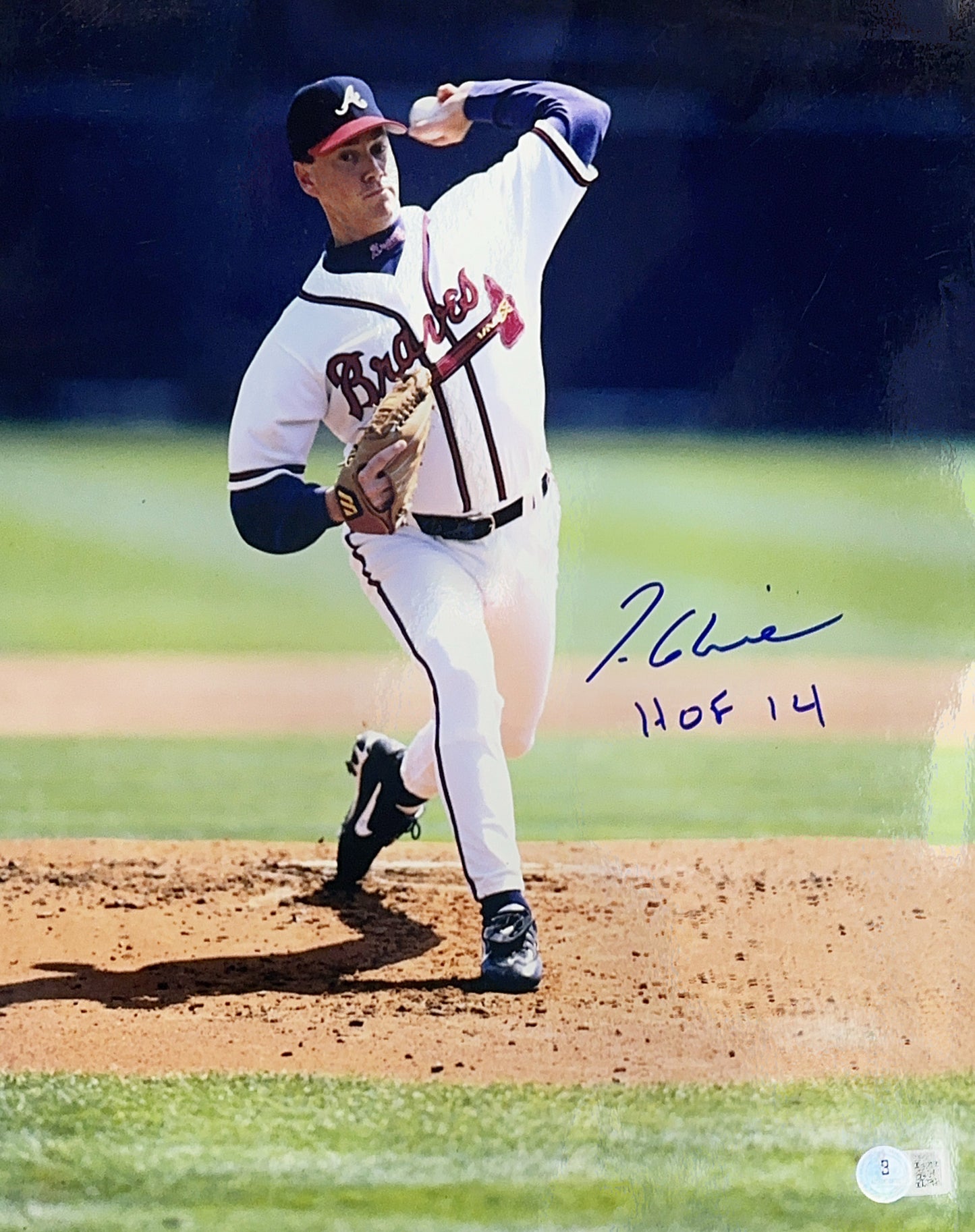 Tom Glavine Autographed Atlanta Braves Mid Pitch "HOF 14" Inscribed 11x14 Beckett