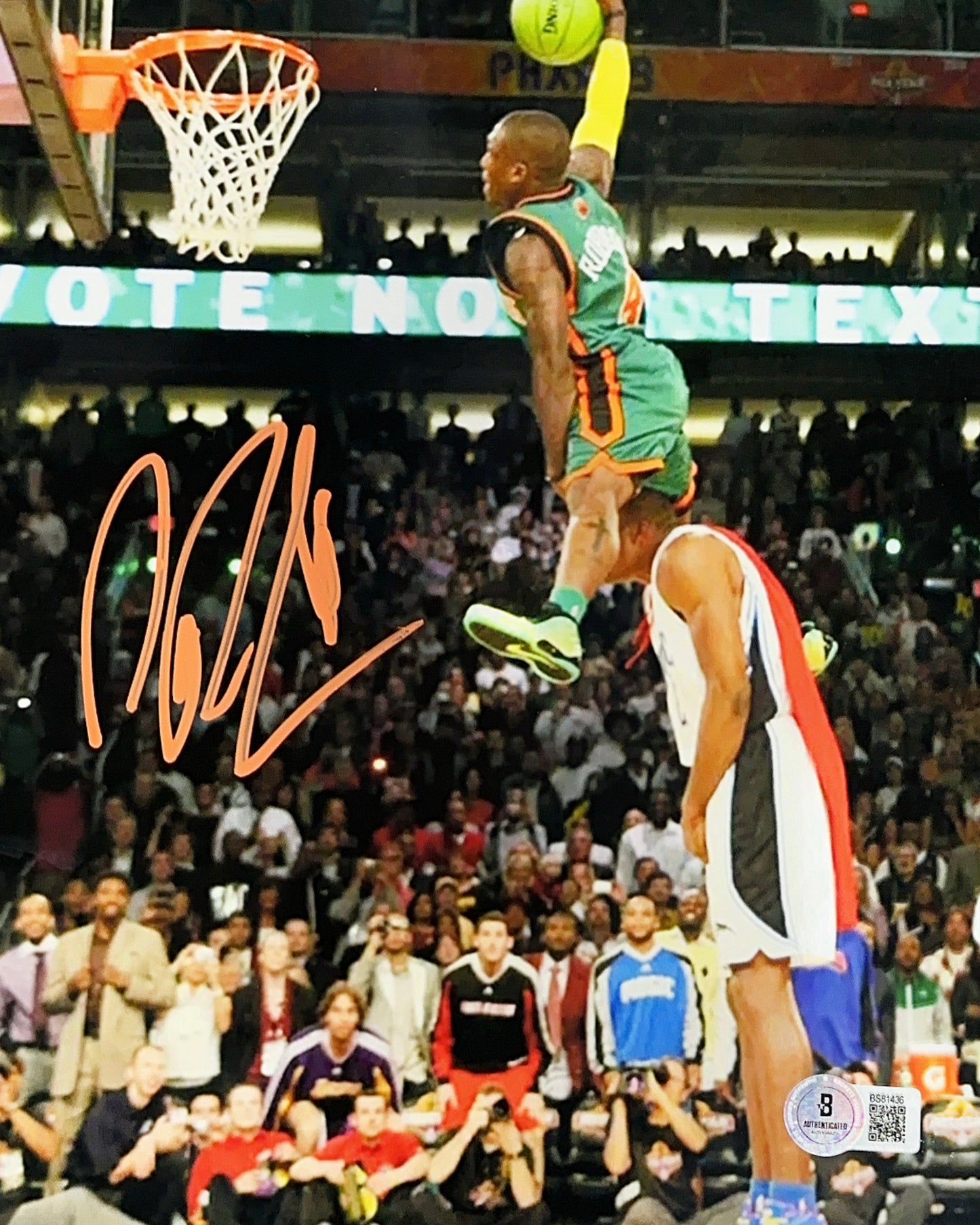 Nate Robinson Autographed New York Knicks Dunk Over Dwight Howard Side Shot Orange Ink 8x10 Beckett