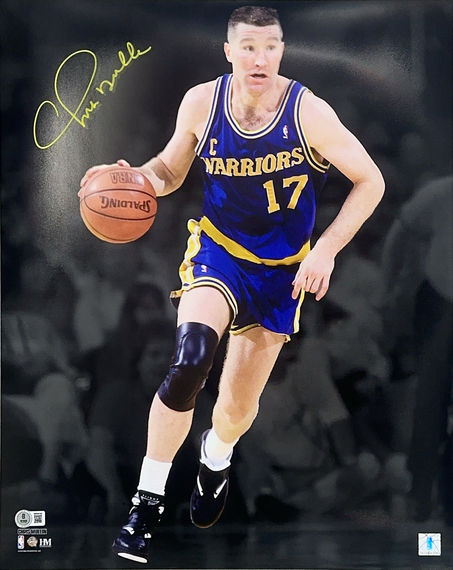Chris Mullin Autographed Golden State Warriors Spotlight Dribbling Blue Jersey 16x20 Beckett
