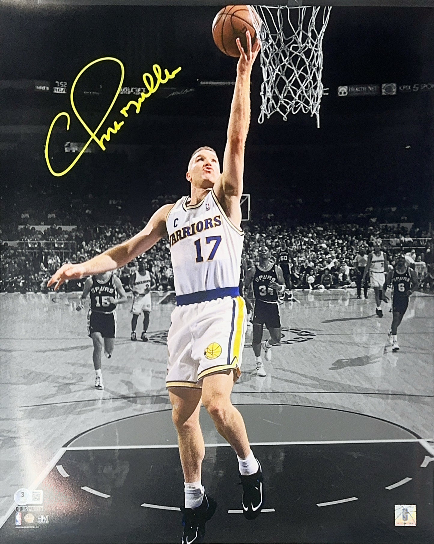 Chris Mullin Autographed Golden State Warriors Spotlight Layup White Jersey 16x20 Beckett