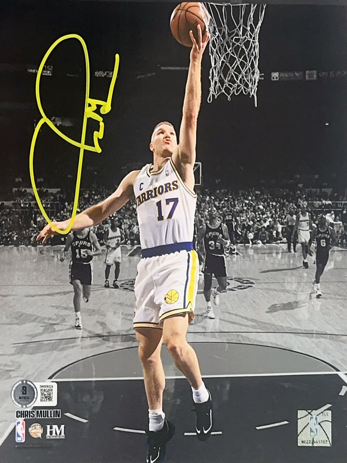 Chris Mullin Autographed Golden State Warriors Spotlight Layup White Jersey 8x10 Beckett