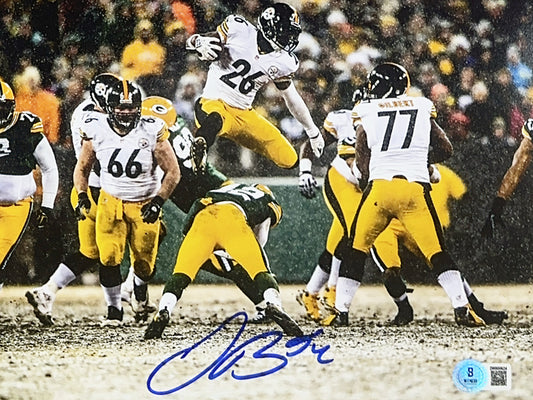 Leveon Bell Autographed Pittsburg Steelers White Jersey Hurdle 8x10 Beckett