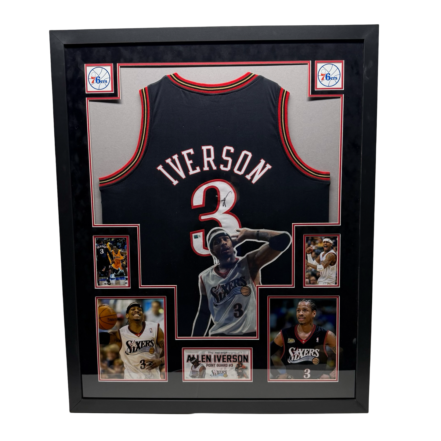 Allen Iverson Autographed Philadelphia 76’ers Black Art Jersey Beckett - Red Suede Elite Framed