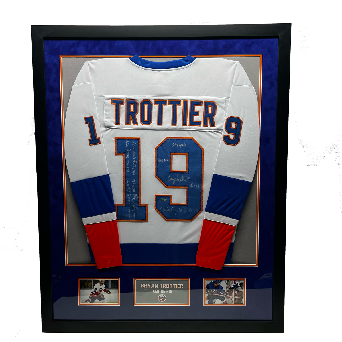 Bryan Trottier Autographed New York Islanders White Jersey "HOF 97, Stanley Cups 80 81 82 83, 524 Goals, NHL 100, Calder Rookie of the Year 1976, Conn Smythe Playoff MVP 1980, Art Ross Scoring 1979, Hart League MVP 1979" Inscription Framed Steiner CX