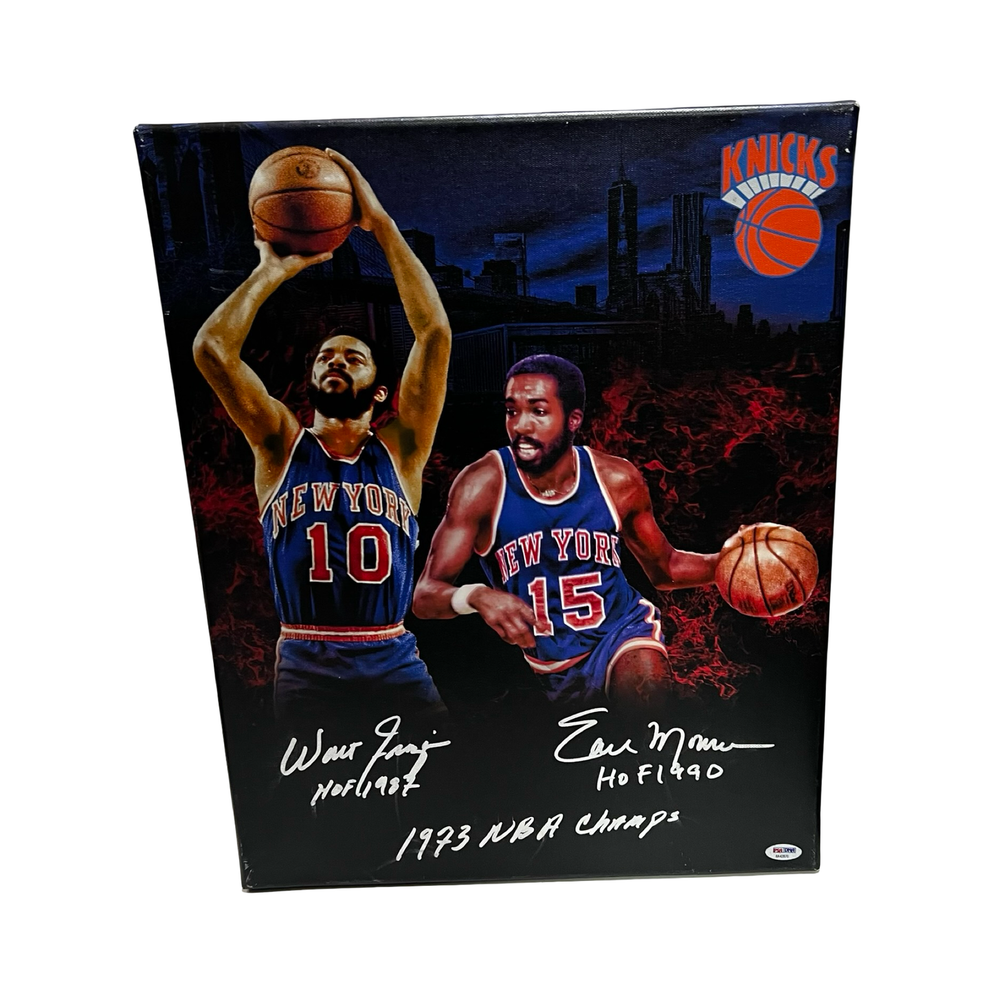 Walt Frazier & Earl Monroe Autographed New York Knicks 16x20 Canvas "1973 NBA Champs" PSA