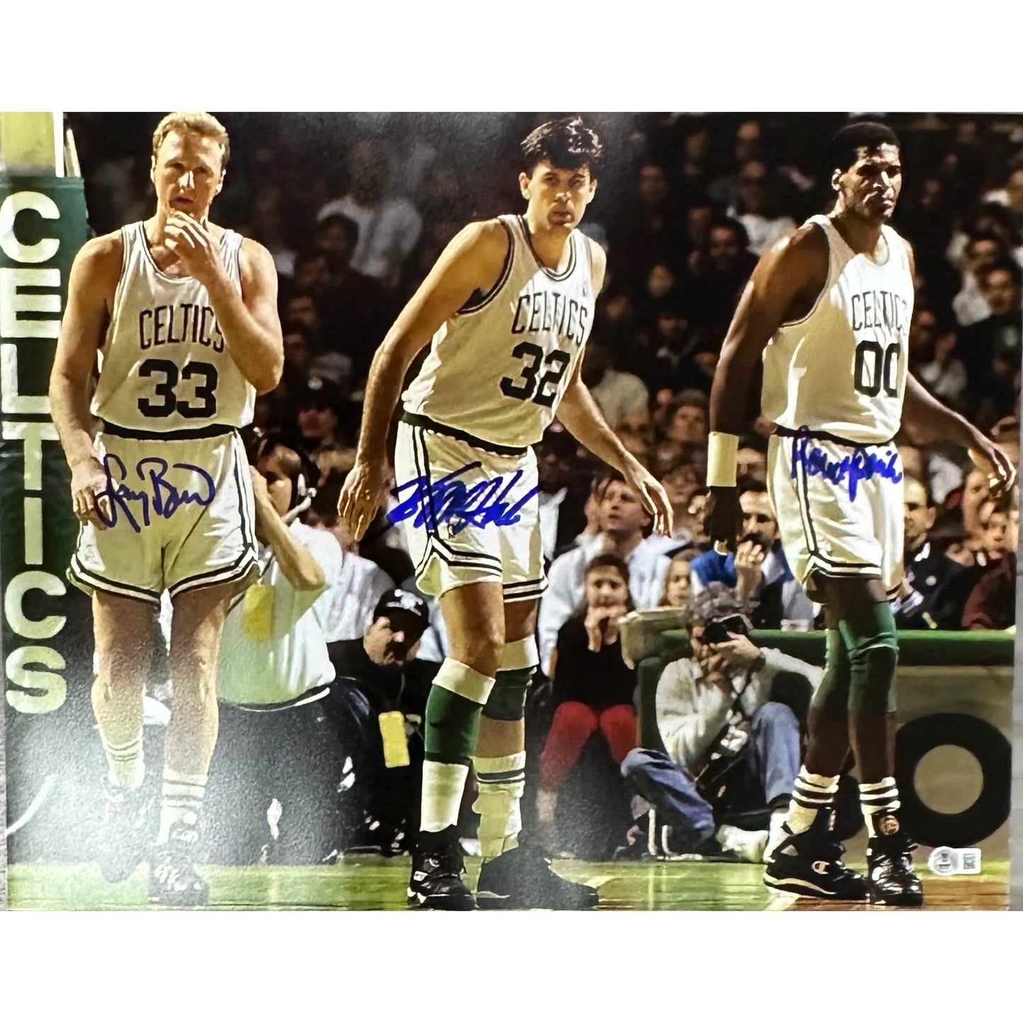 Larry Bird Robert Parish Kevin McHale Autographed Boston Celtics Big 3 McHale in Middle 16x20 Larry Bird Beckett BAS