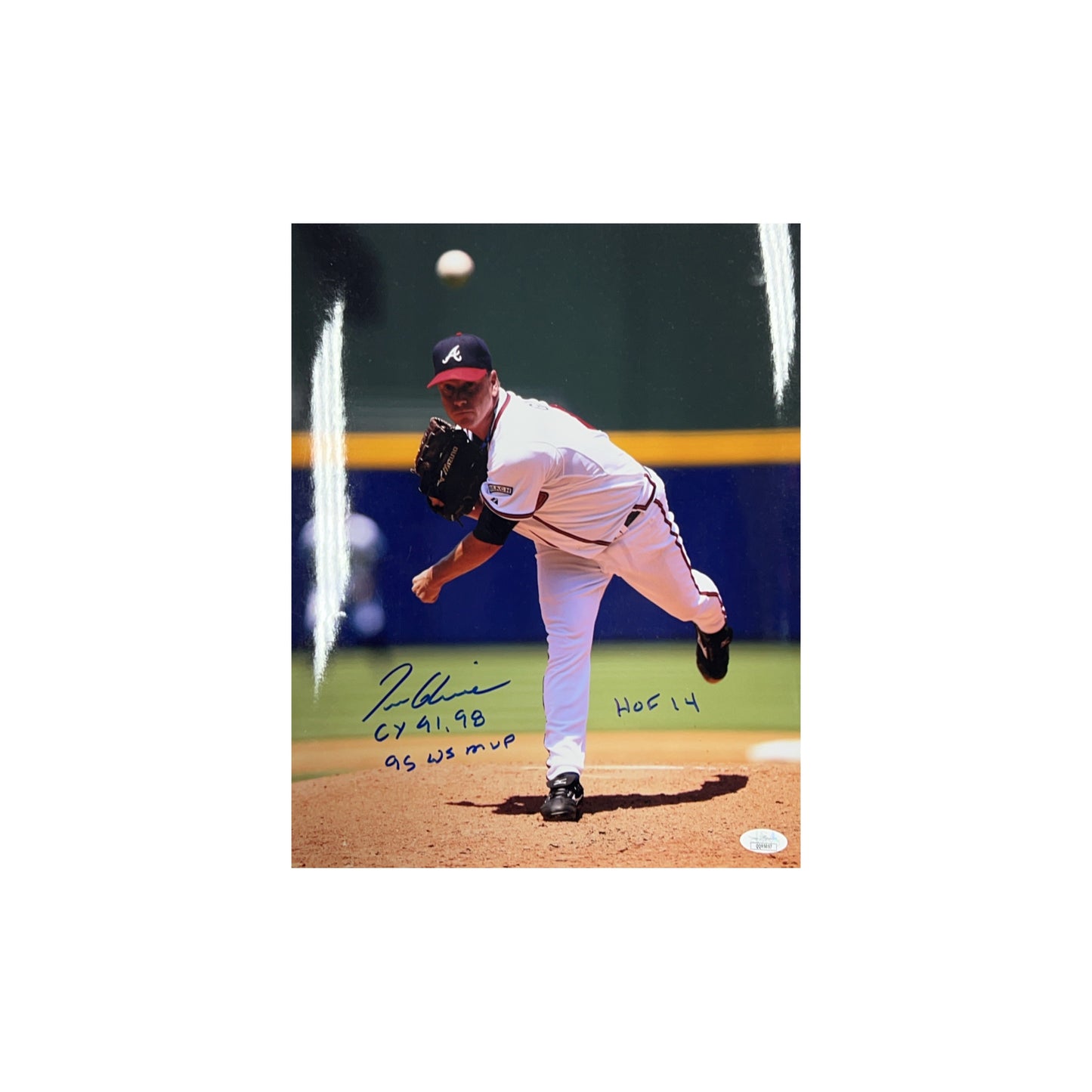 Tom Glavine Autographed Atlanta Braves Mid Pitch 11x14 "CY 91, 98, 95 WS MVP & HOF 14" Inscriptions JSA