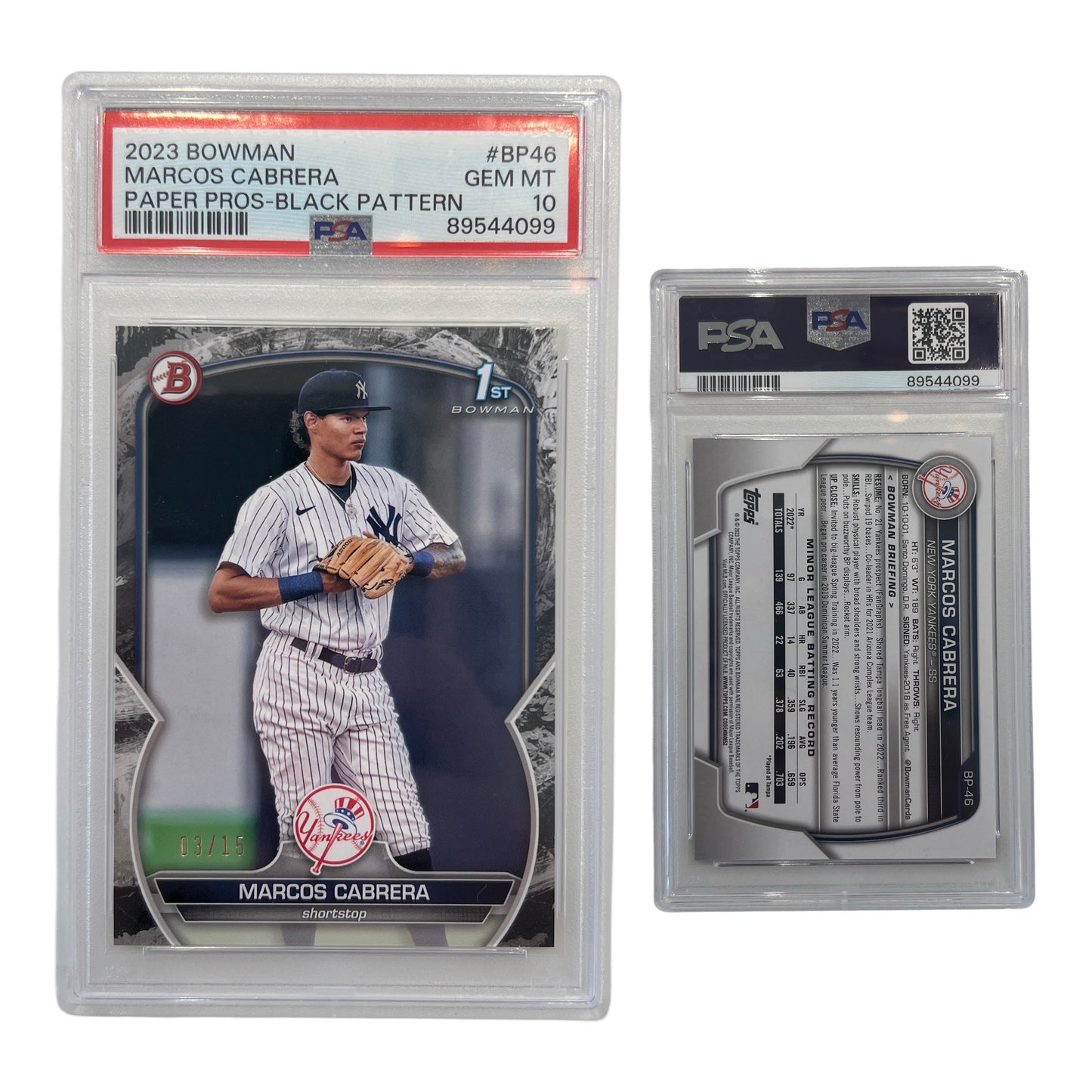 2023 Marcos Cabrera Bowman Paper Prospects Black Pattern /15 #BP46 PSA GEM MT 10