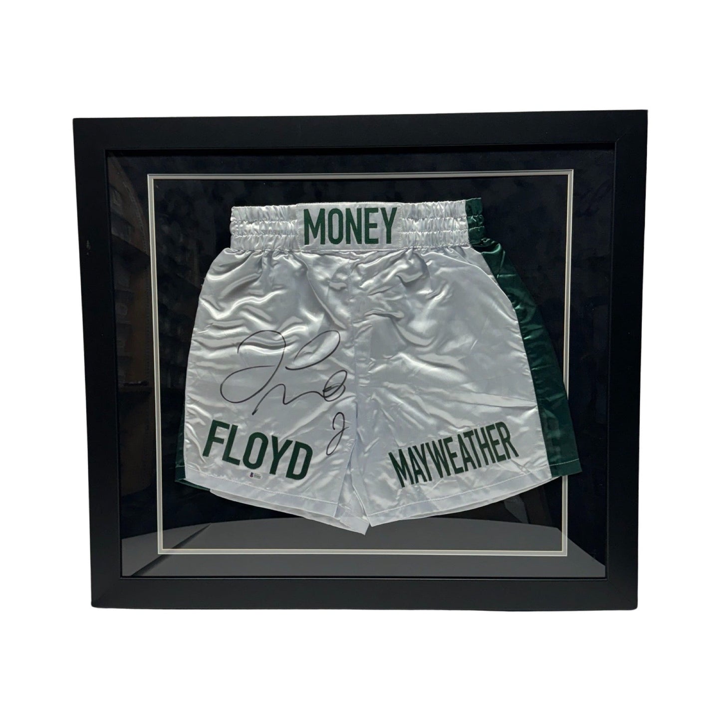 Floyd Mayweather Autographed Money Mayweather White/Green Boxing Trunks Beckett - Framed