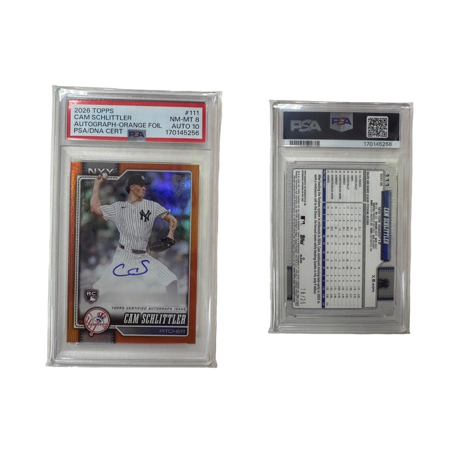 Cam Schlittler 2026 Topps Orange Foil Autograph /25 PSA 8 Auto Grade 10