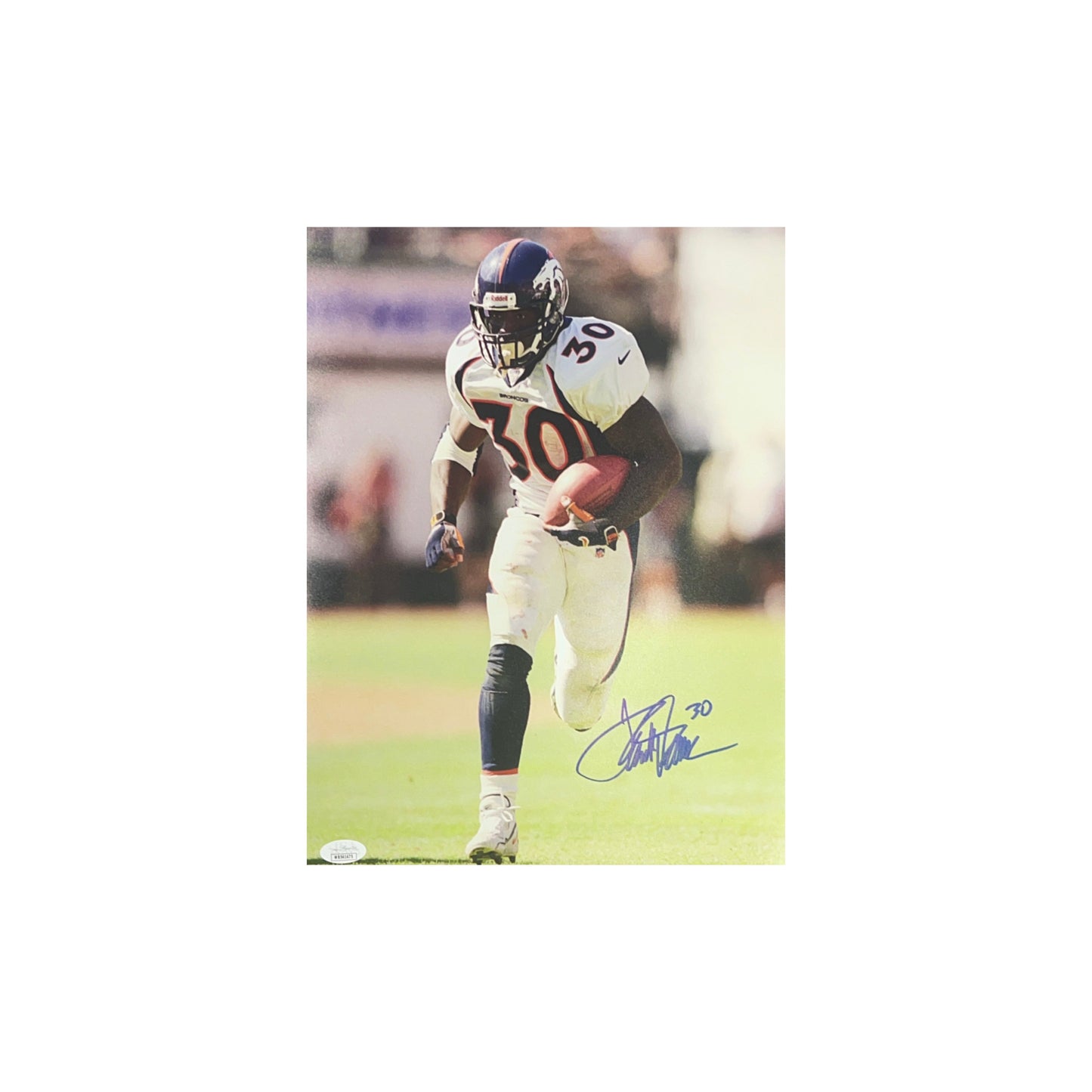 Terrell Davis Autographed Denver Broncos White Jersey Vertical 11x14 JSA