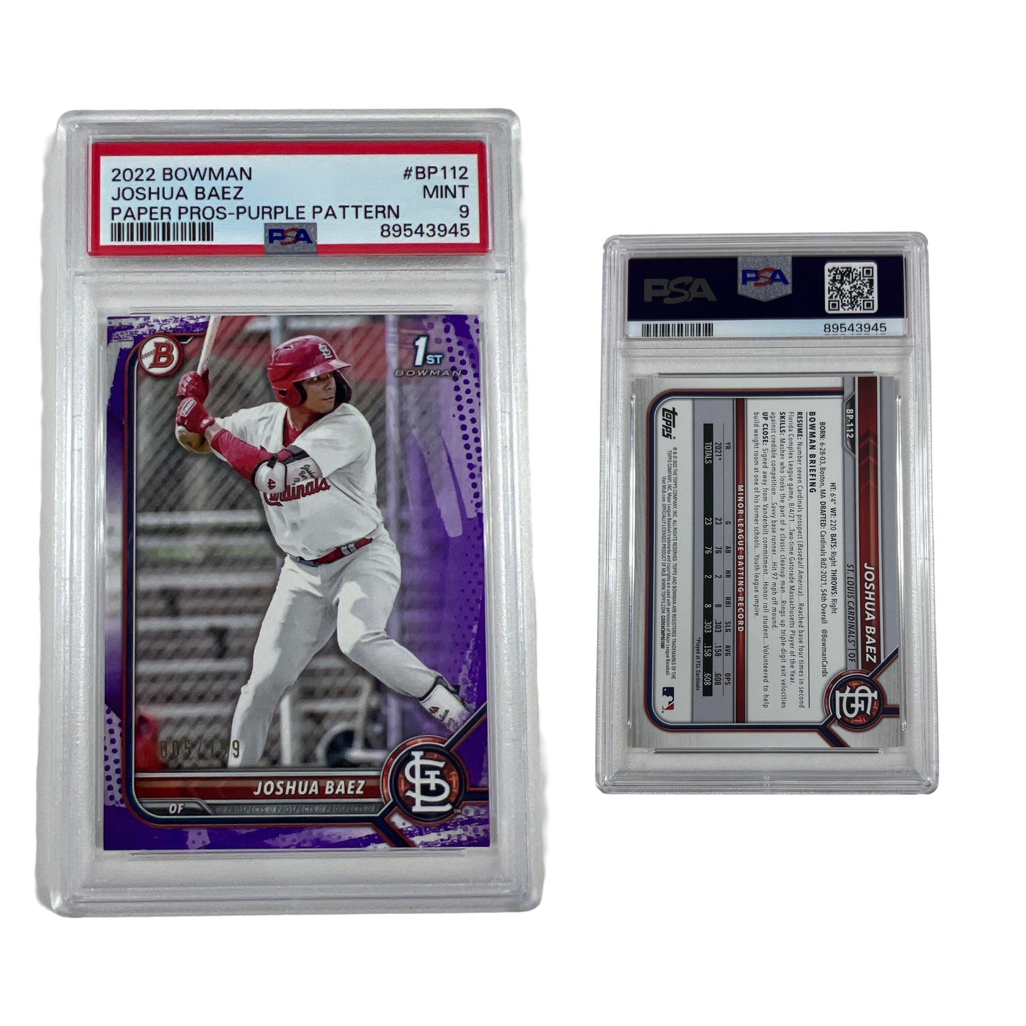 2022 Bowman Joshua Baez Paper Prospects Purple Pattern /199 #BP112 PSA MINT 9